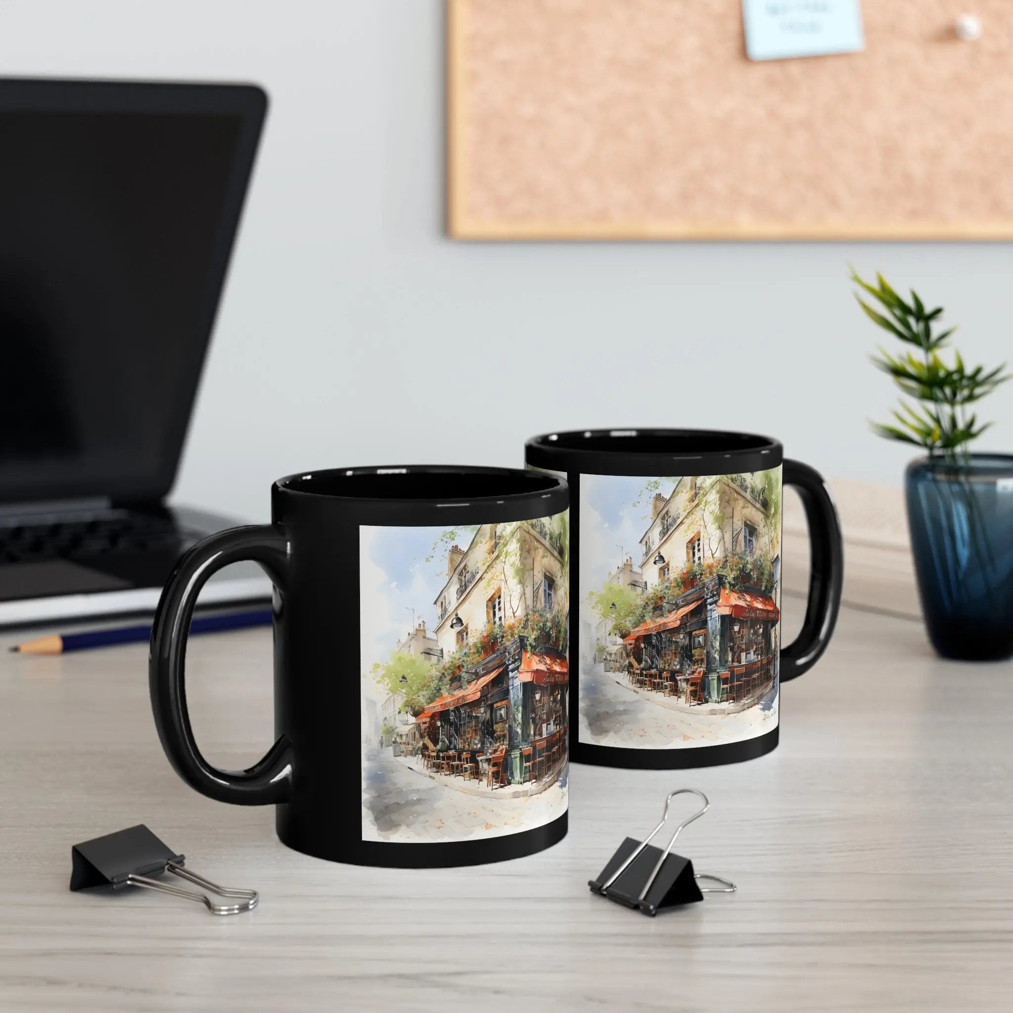 Mugs coffee | two coffee mugs sitting on a table next to a laptop