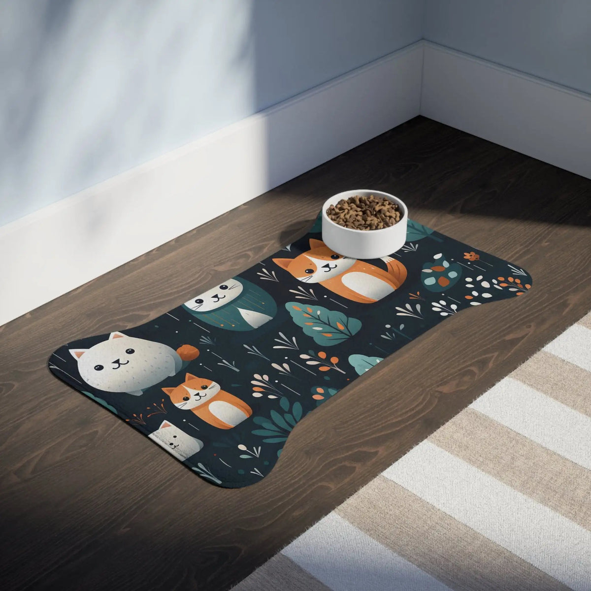 Pet Feeding Mats | a bowl of cereal sits on a floor next to a bowl of cereal