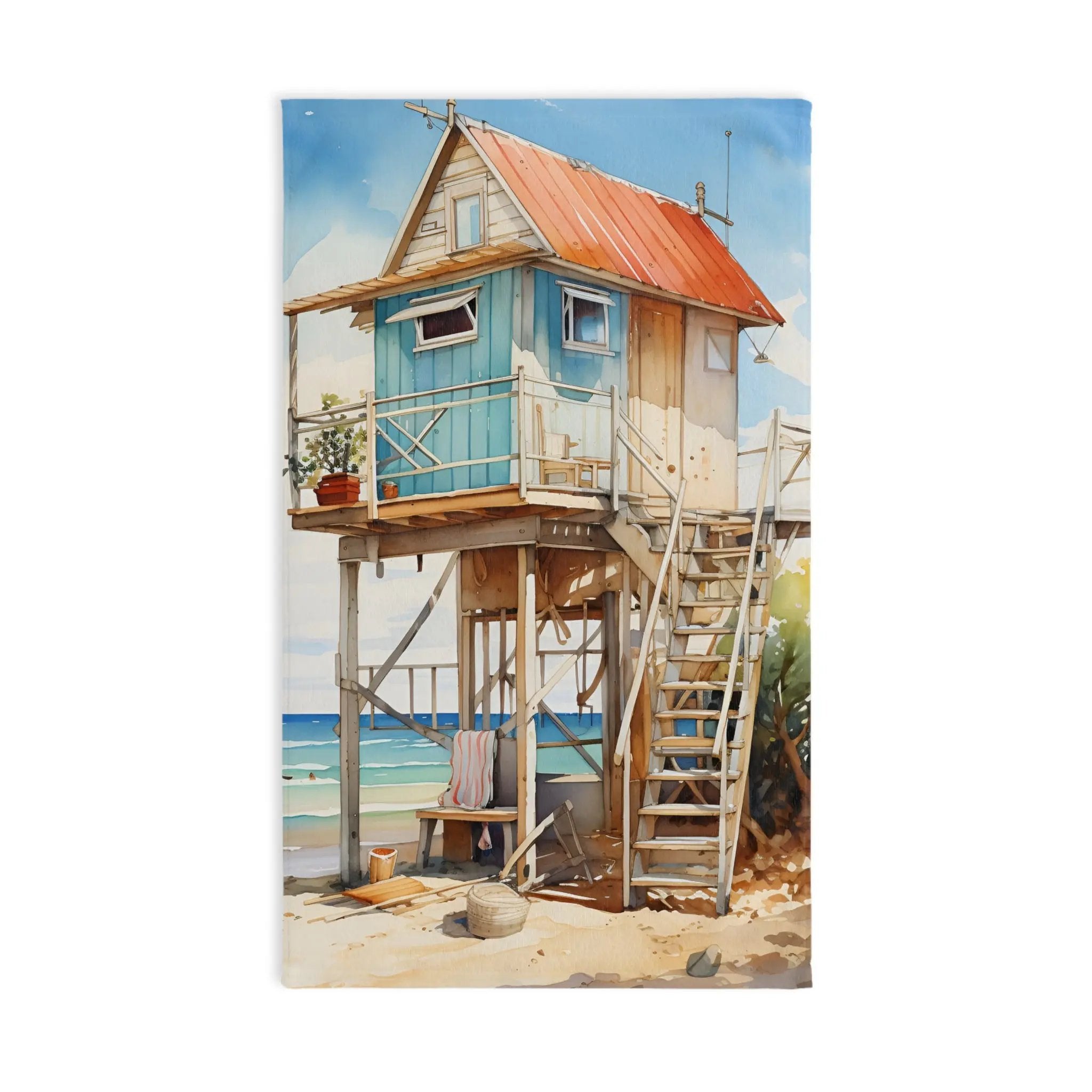 Hand Towel | a painting of a lifeguard tower on the beach