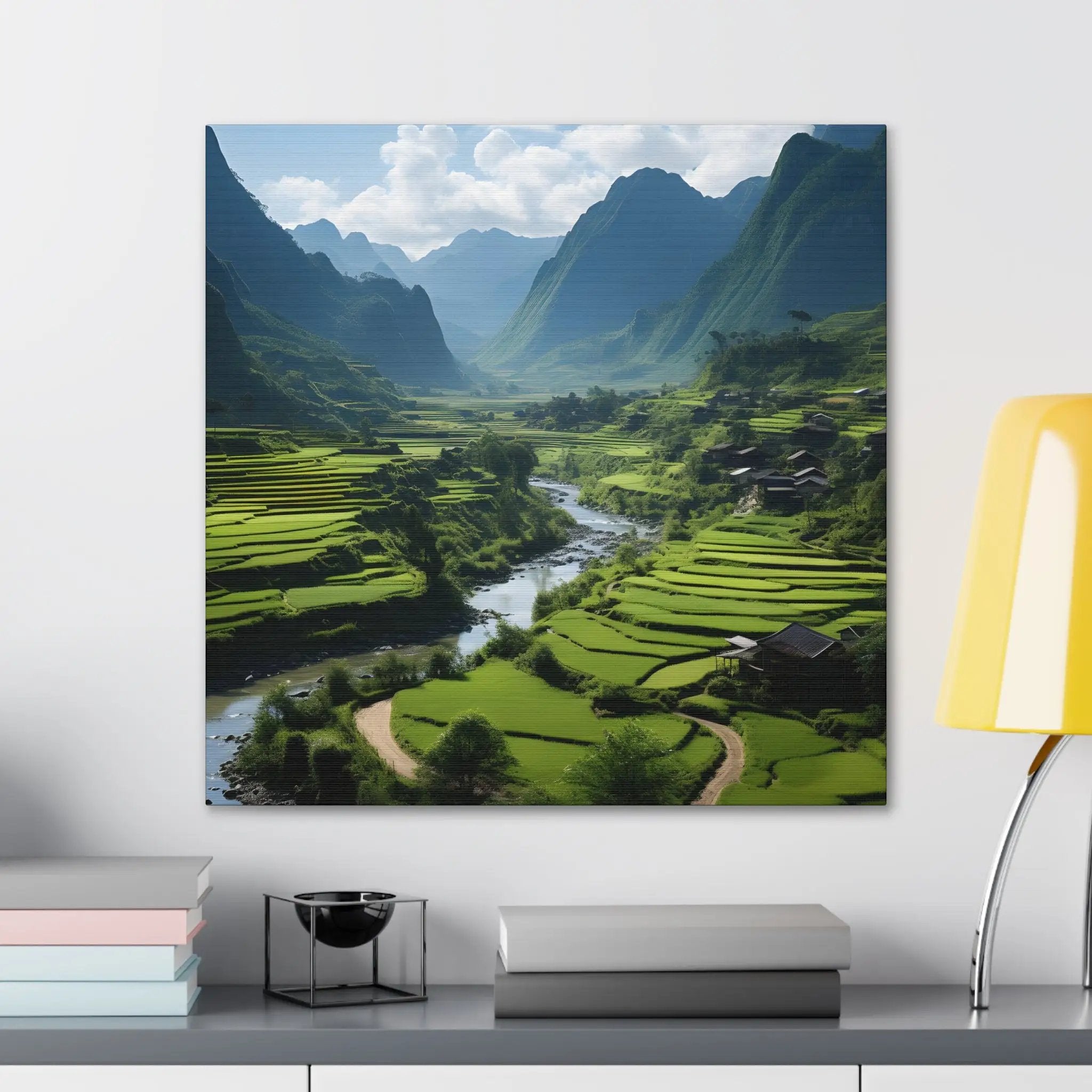 Canvas Gallery Wraps | a painting of a valley with mountains in the background