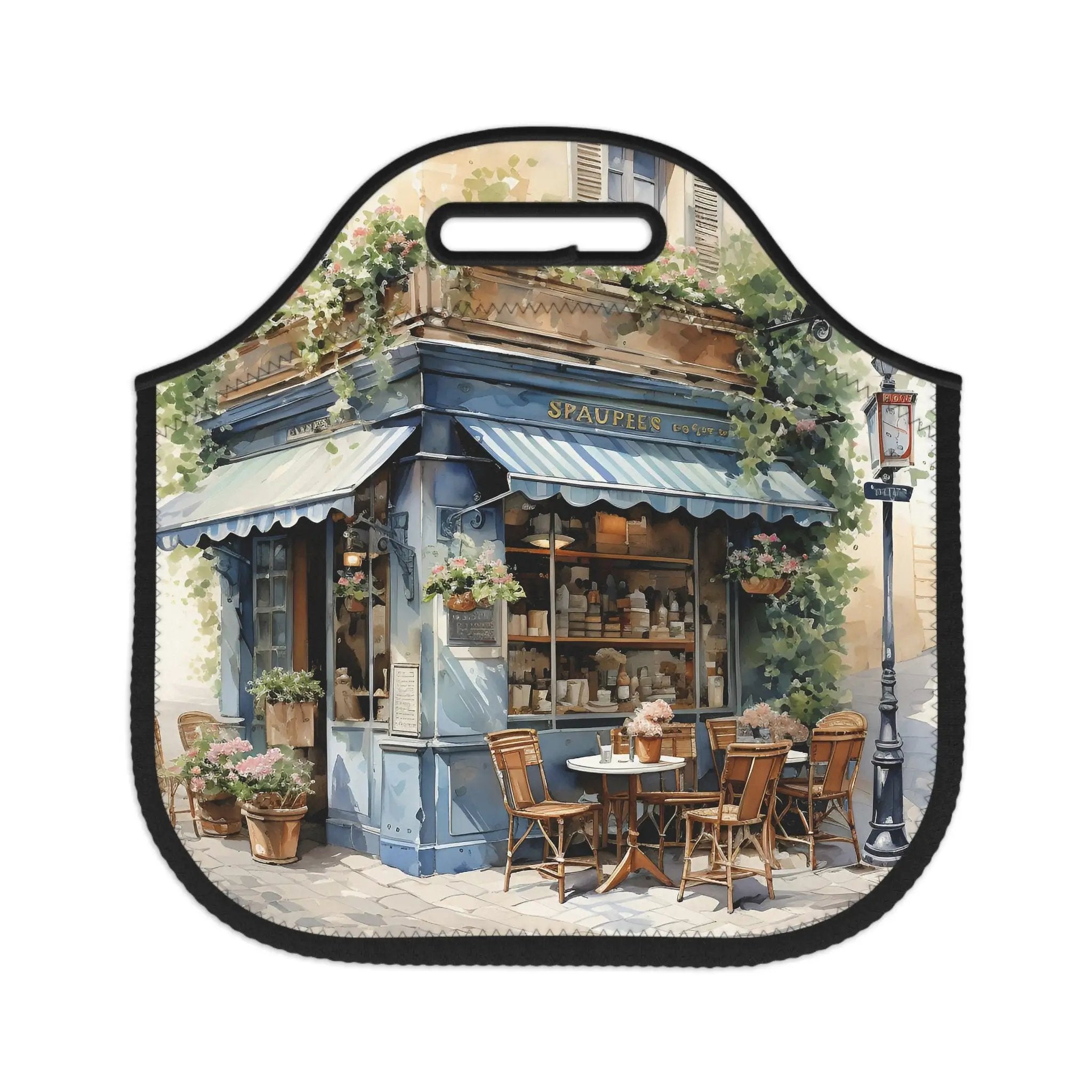 Insulated lunch bag | a painting of a restaurant with a blue awning