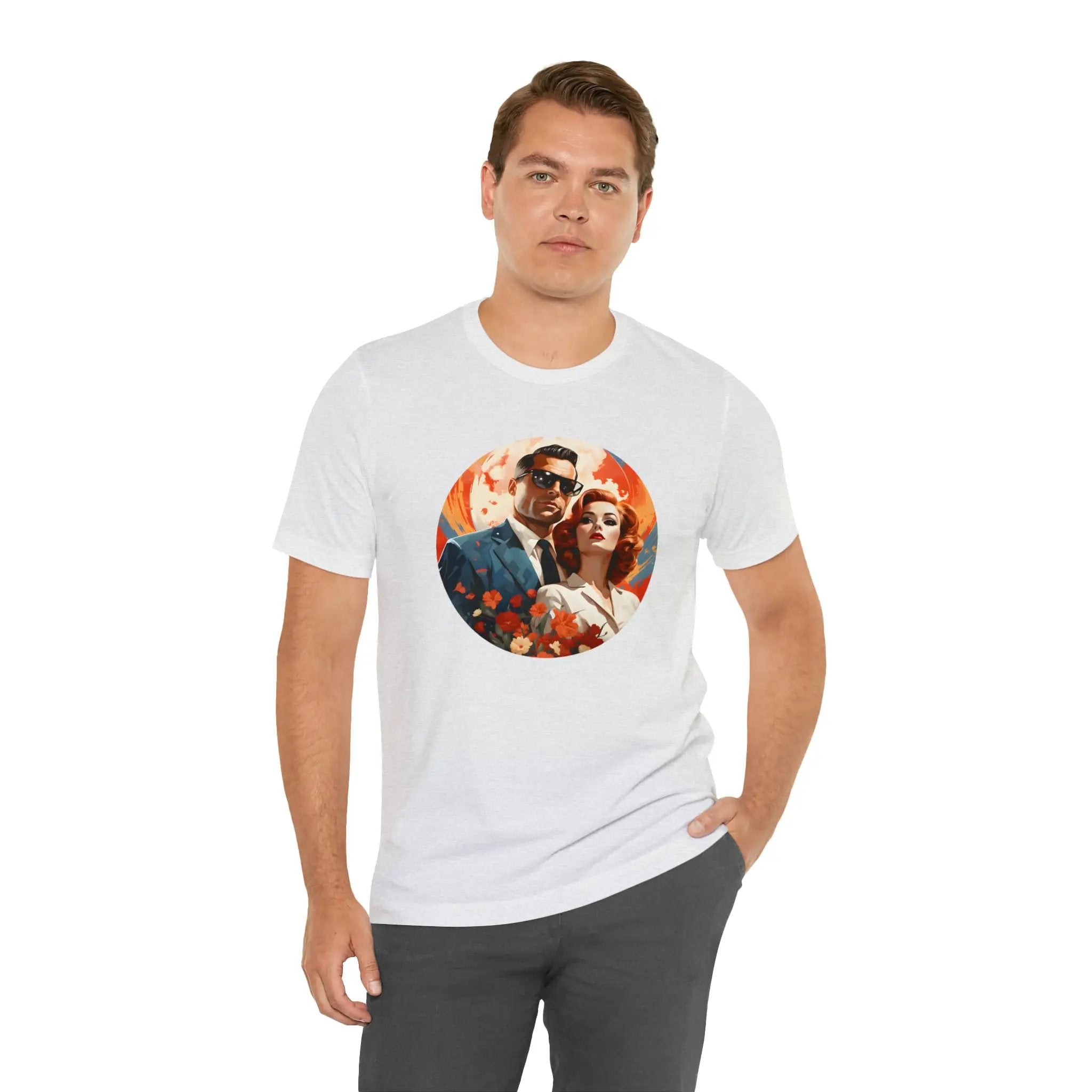 Couple t shirt | a man wearing a white t - shirt with a picture of a man and woman