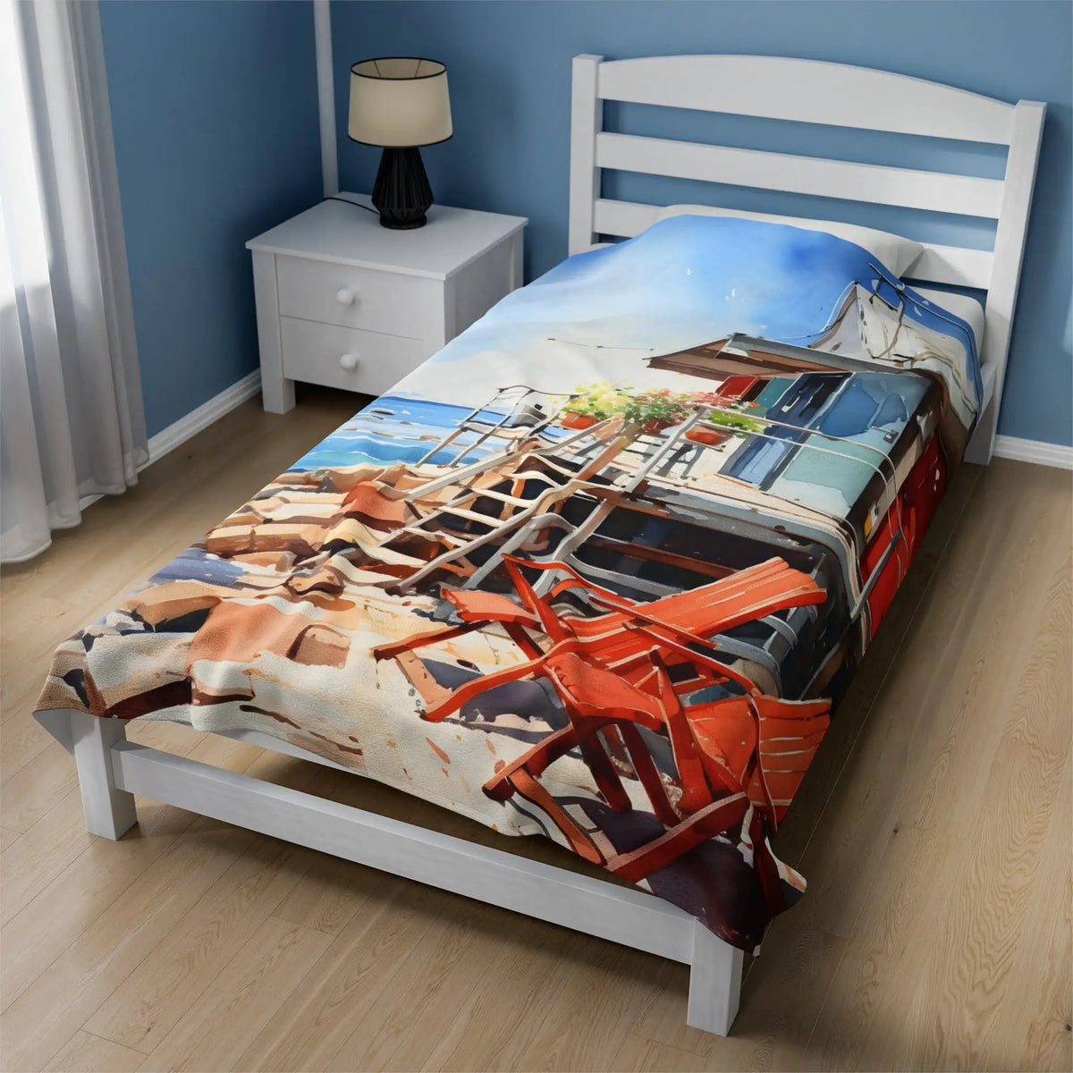 Plush Blanket | a bed with a painting of a beach scene on it