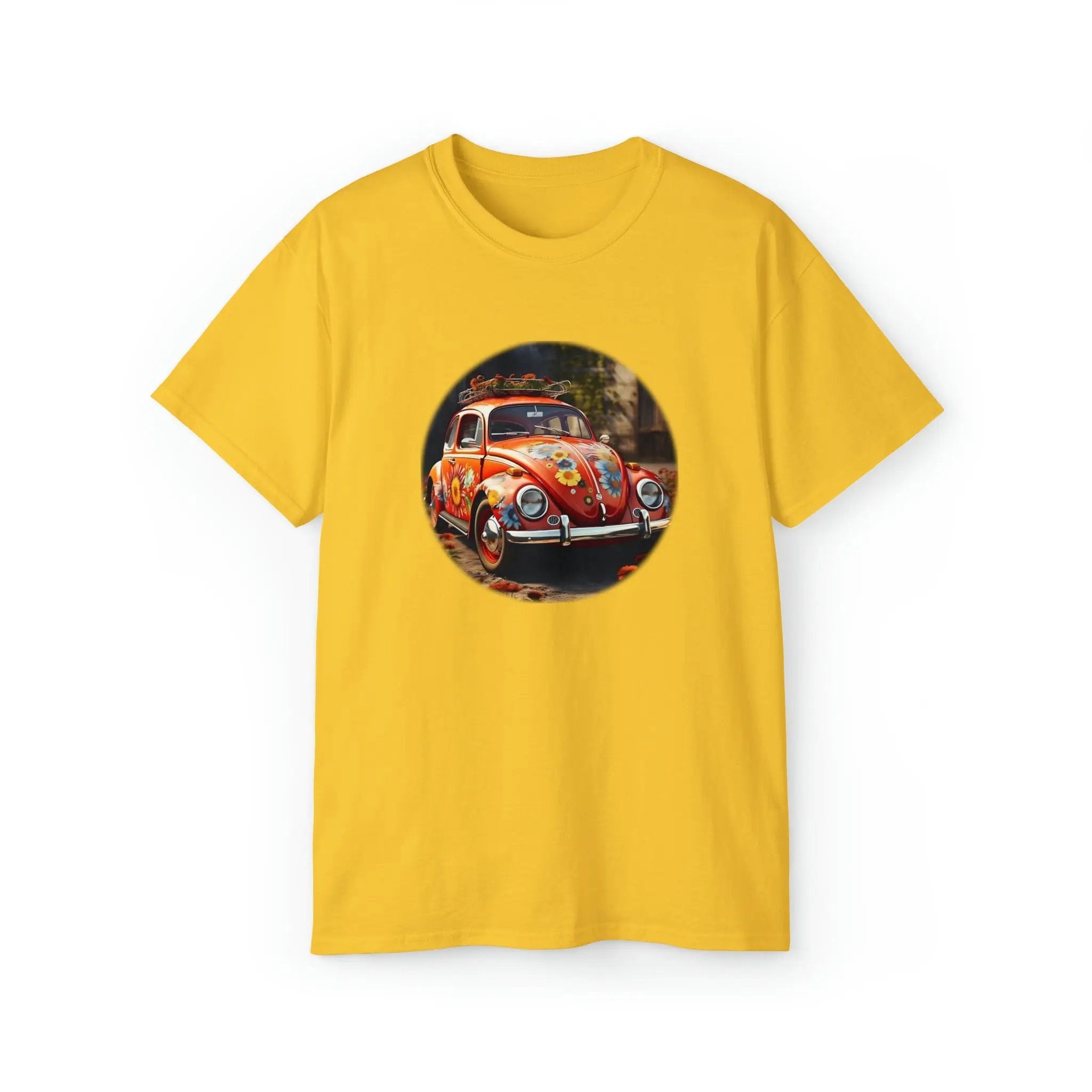 men tee graphic | a yellow t - shirt with an image of a van bug