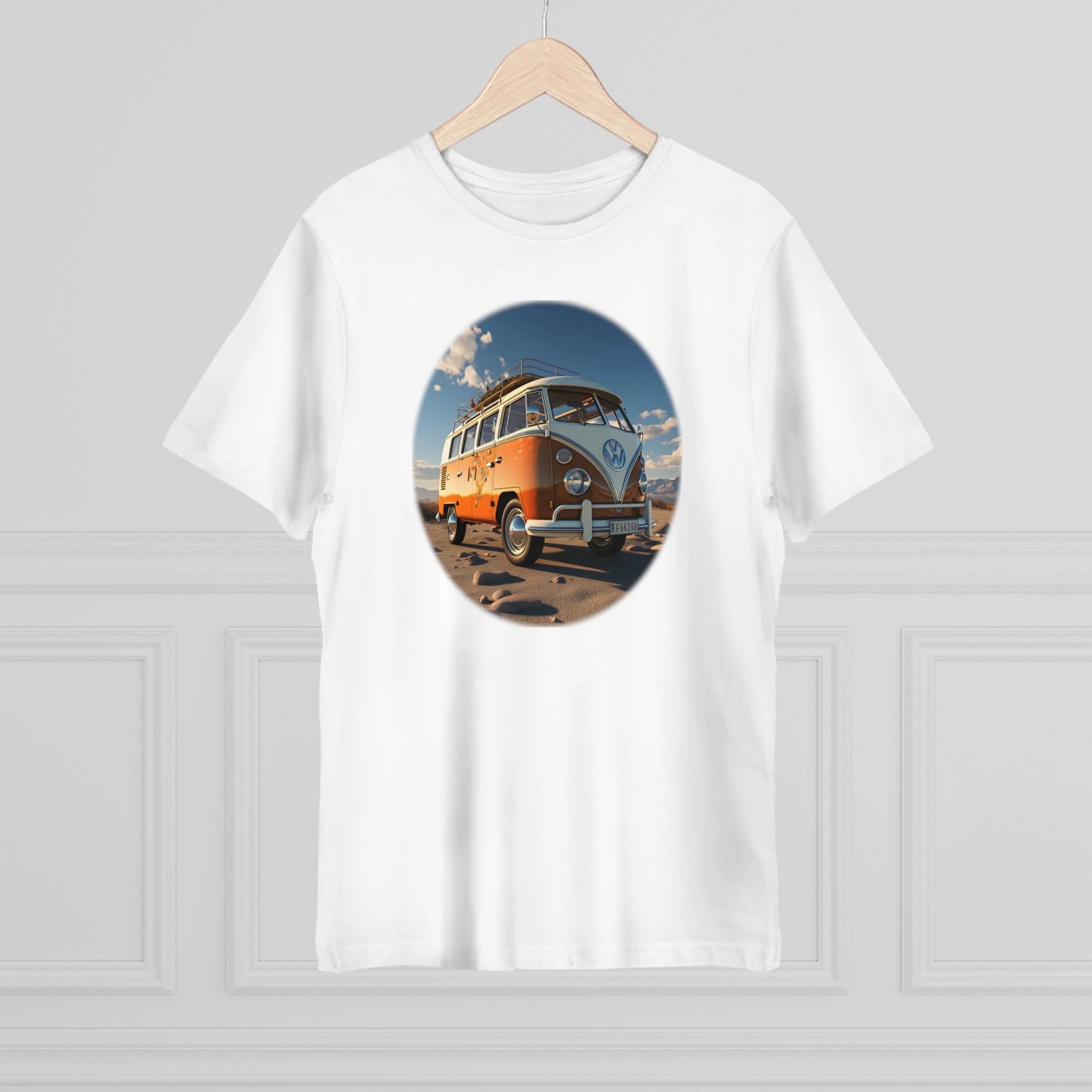 graphic men shirt | a white t - shirt with an orange bus on it