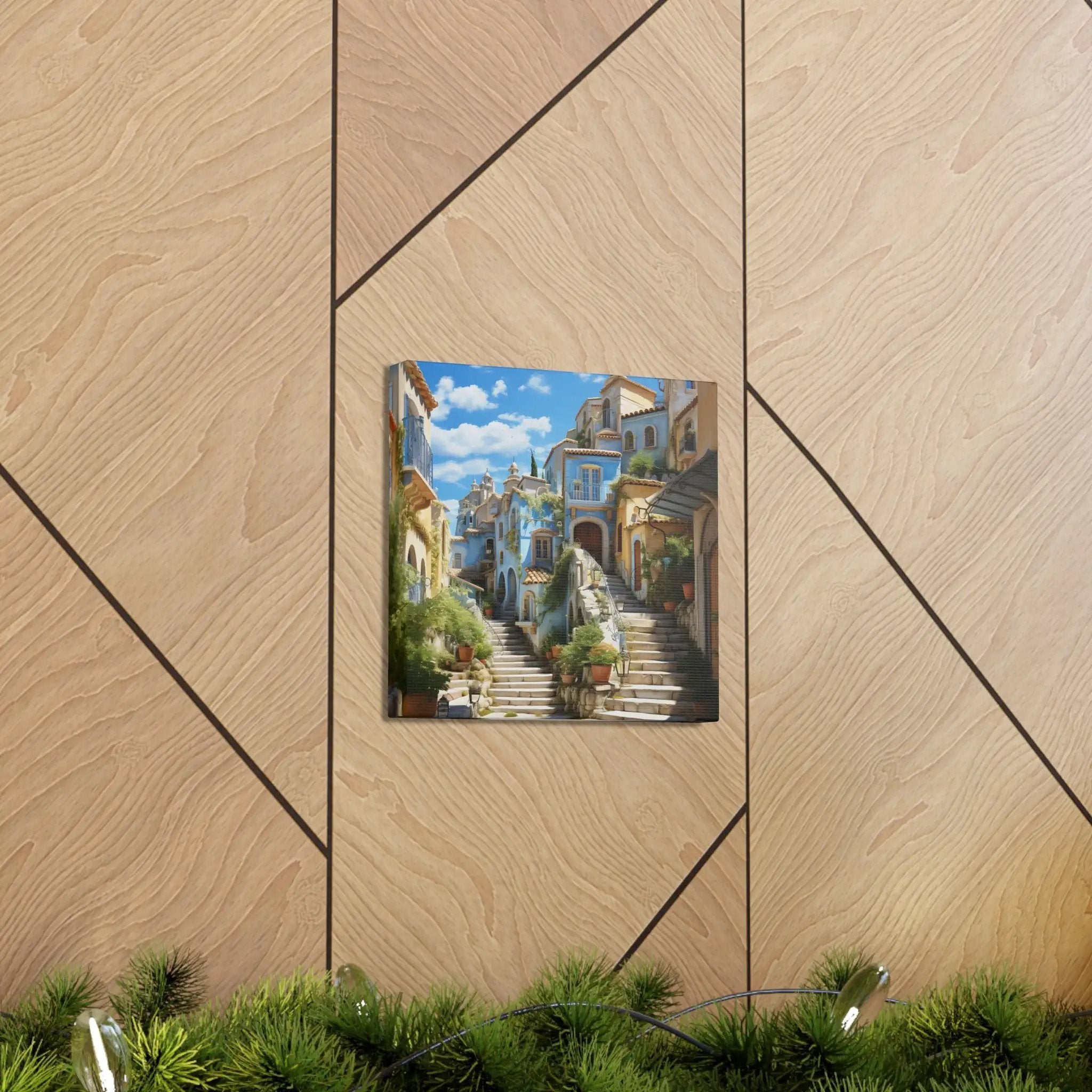 Canvas Gallery Wraps | a painting of a street scene with a staircase