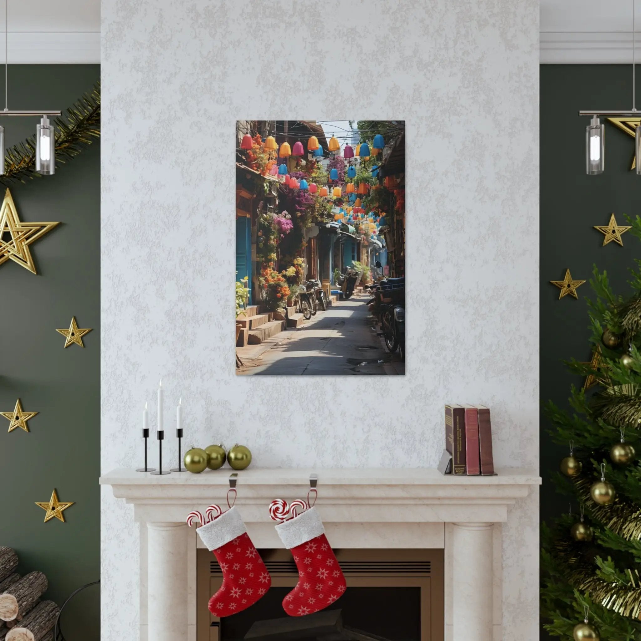 Canvas Gallery Wraps | a living room with a fire place and a Christmas tree