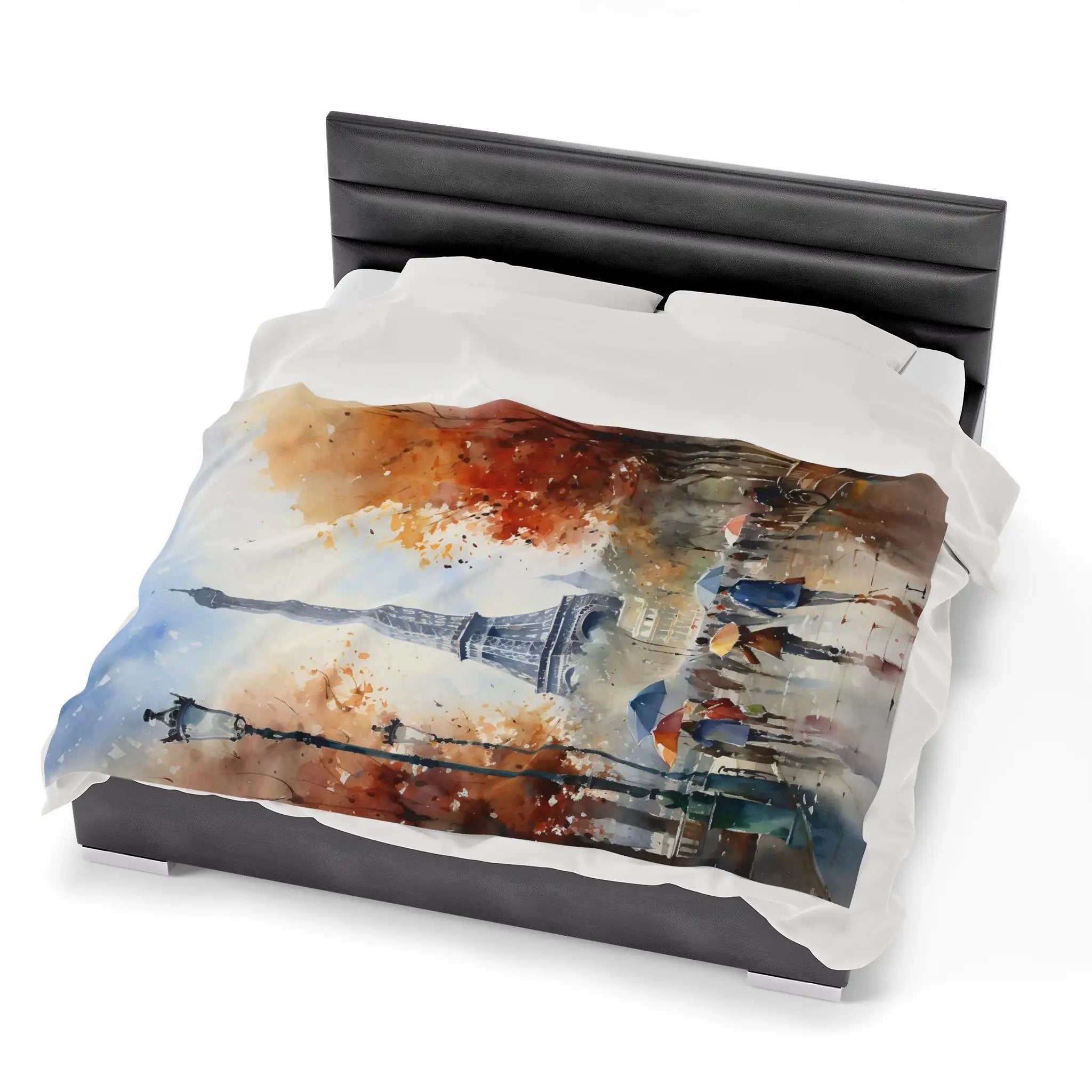 bedroom Blanket | a bed with a picture of a city on it