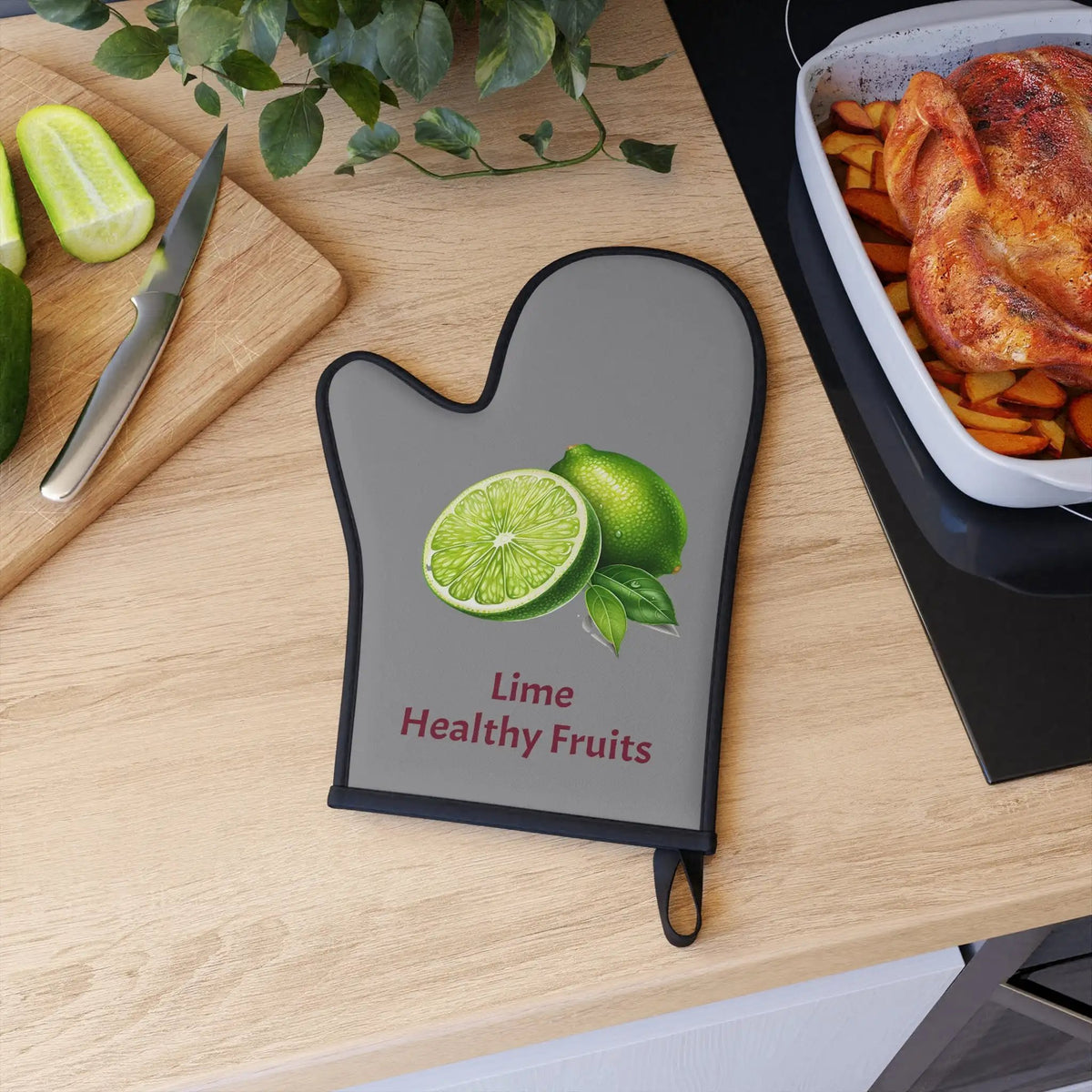 oven mitt | a cutting board with a lime on it next to a cutting board with a knife