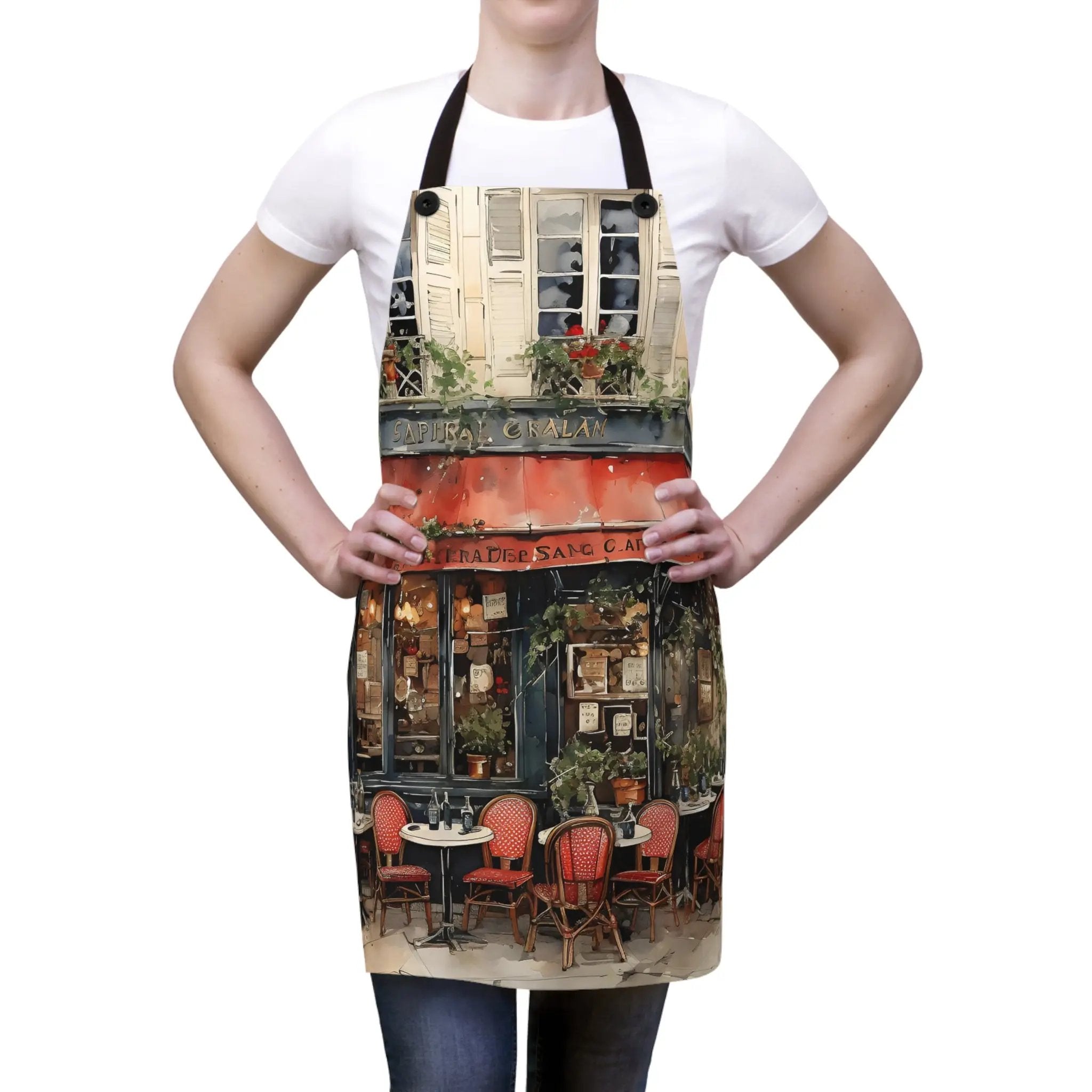 Chef Apron | a woman wearing an apron with a picture of a restaurant