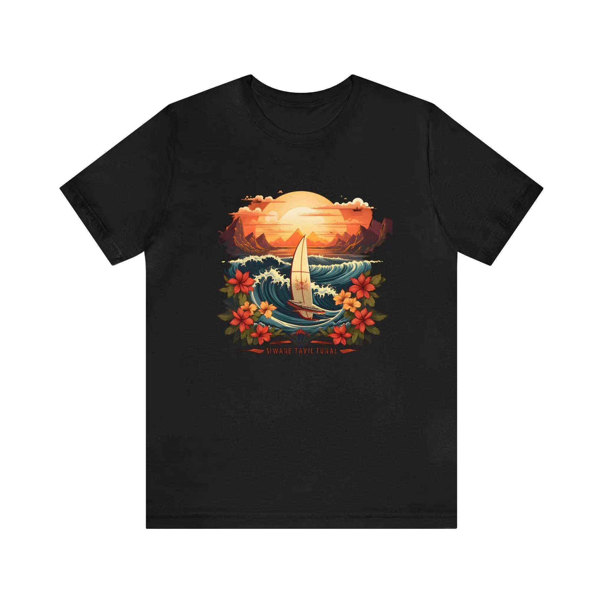 Couple t shirt | a black t - shirt with an image of a sailboat in the ocean