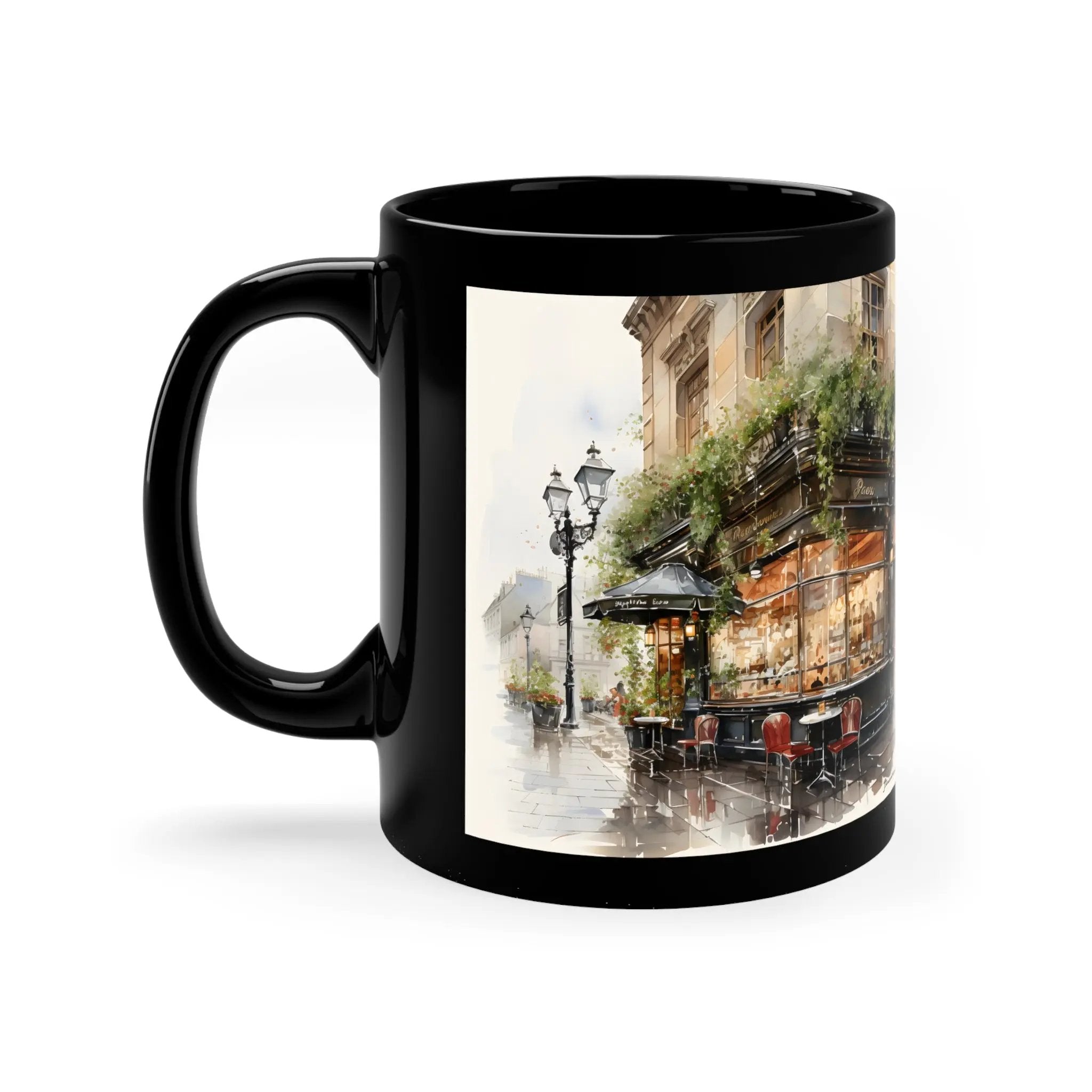 Mugs coffee | a black coffee mug with a picture of a street corner