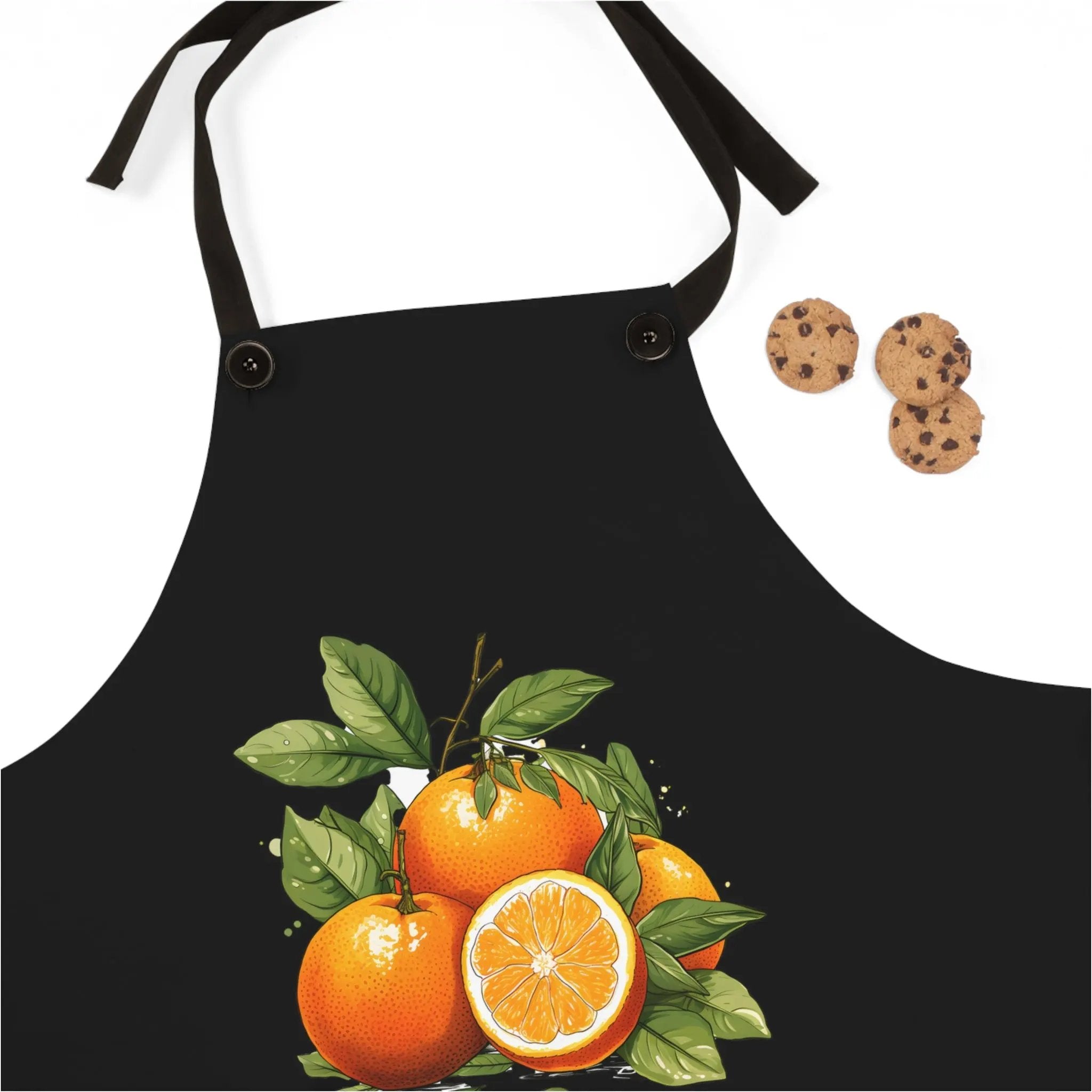 Chef Apron | a black apron with oranges and cookies on it