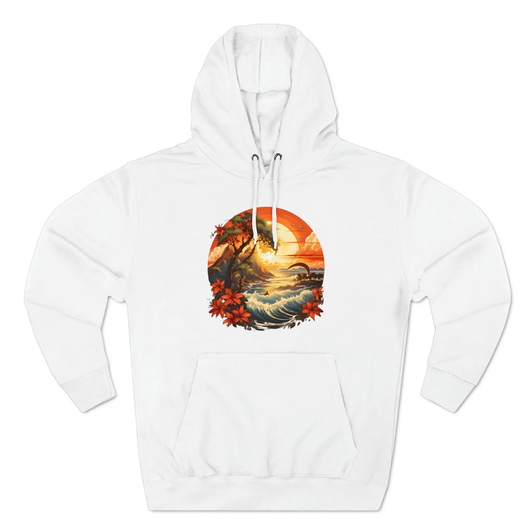 pullover hoodie | a white hoodie with a painting of a sunset