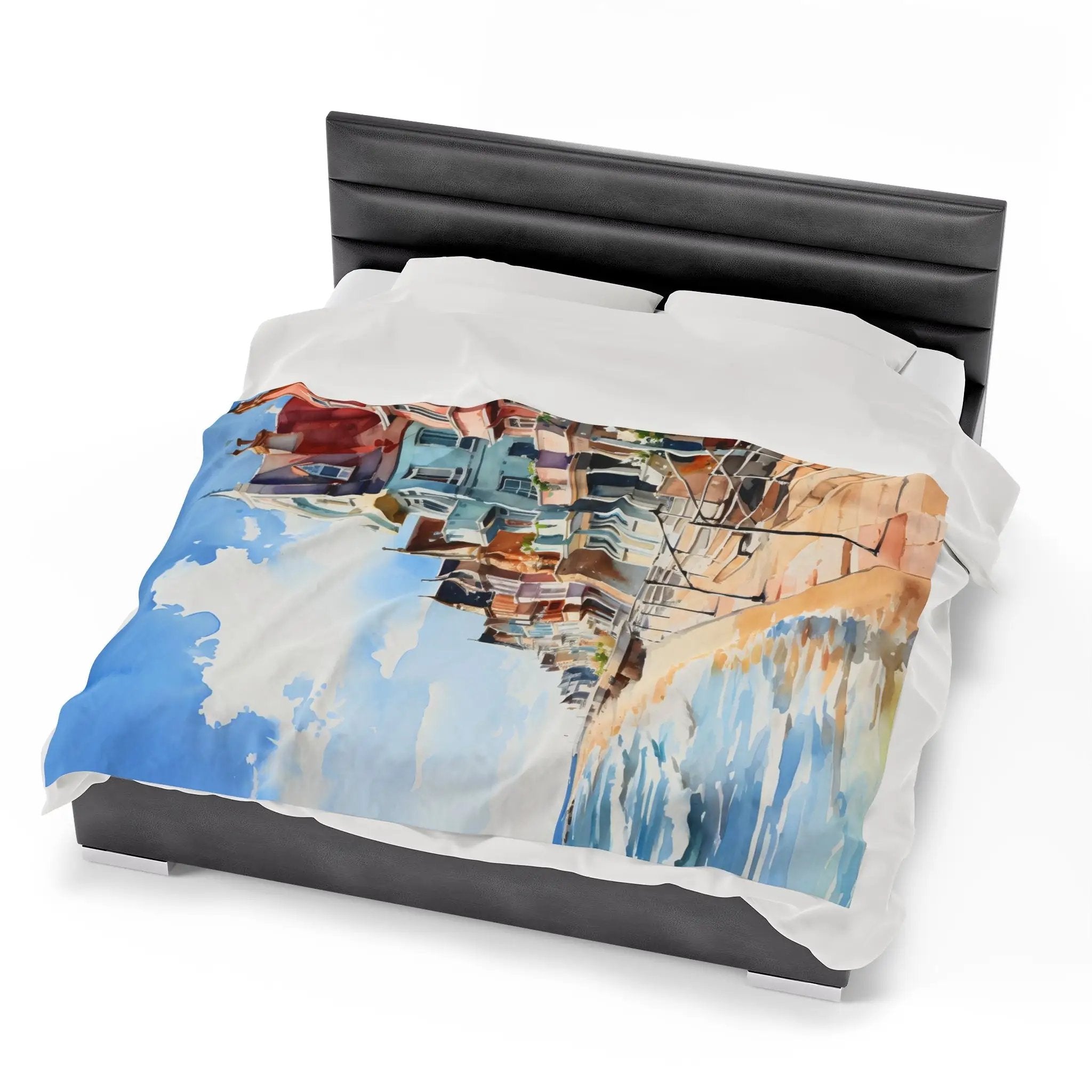 bedroom Blanket | a bed with a picture of a city on it