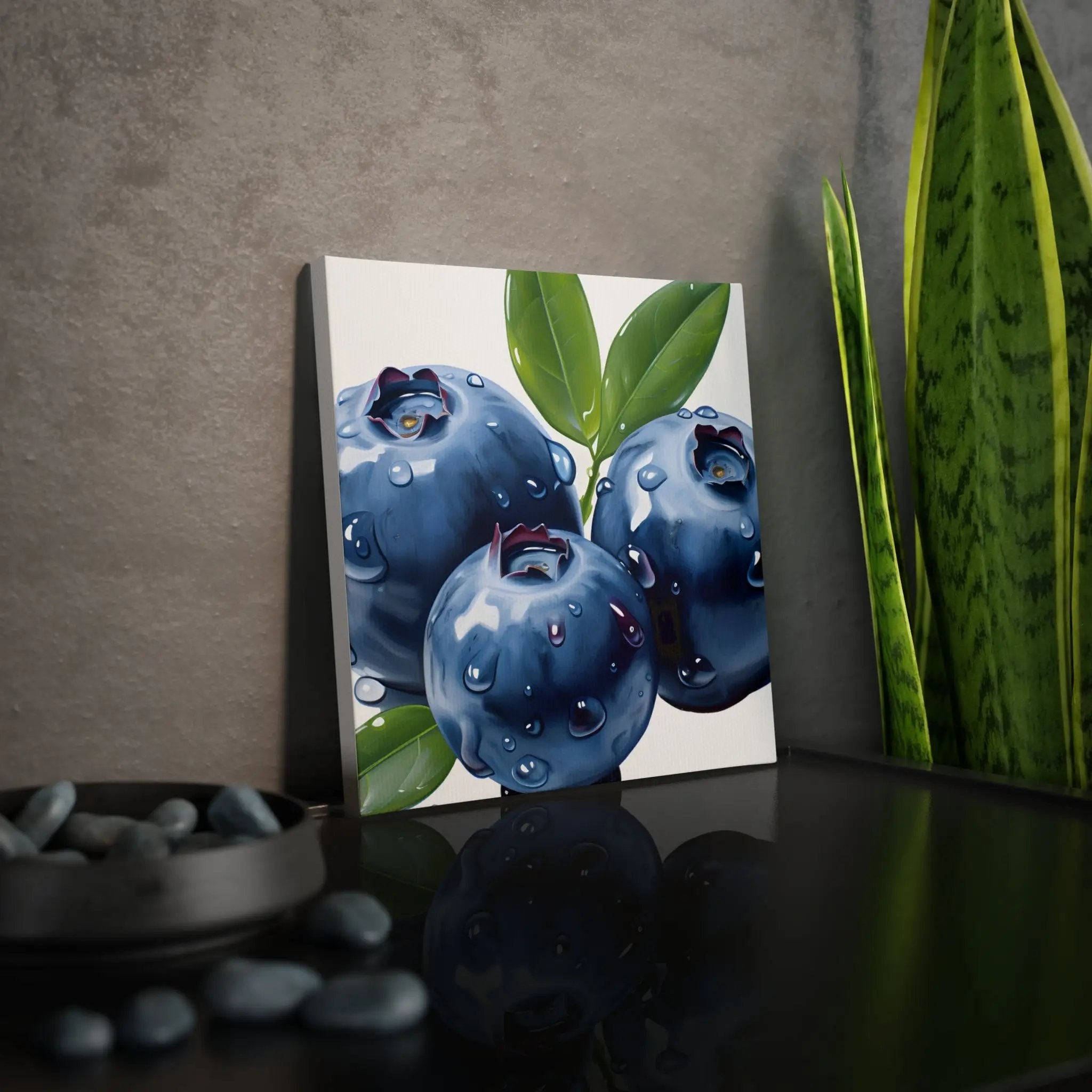 Canvas Gallery Wraps | a painting of blueberries on a table next to a potted plant