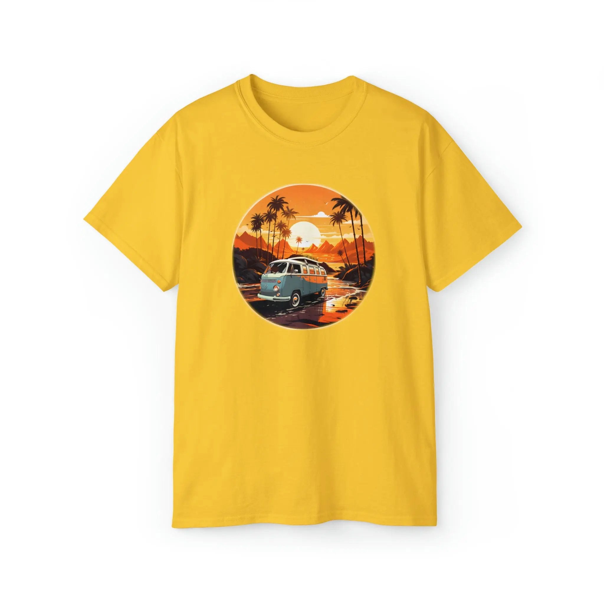 men tee graphic | a yellow t - shirt with an image of a van bus