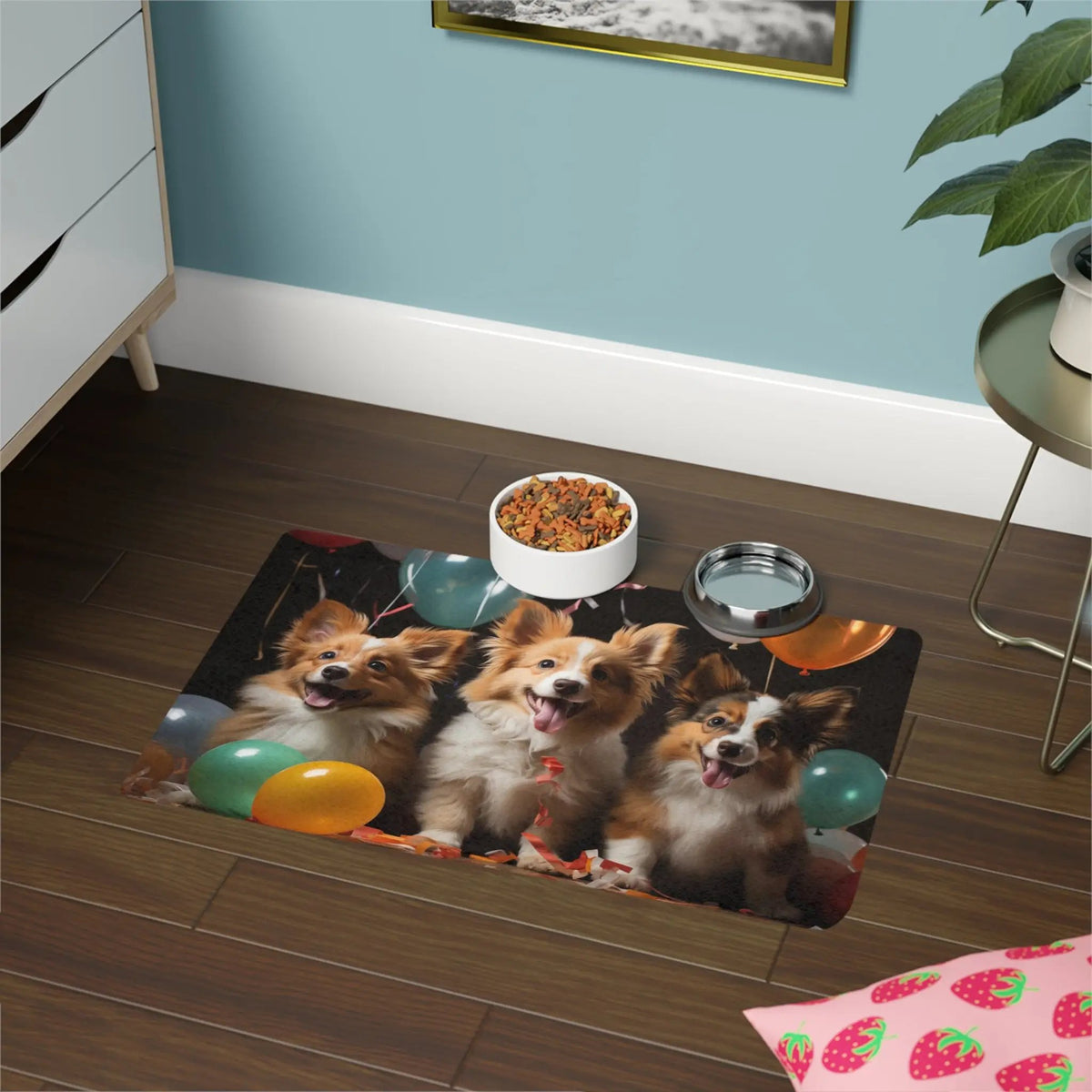 Pet Food Mat | a group of three dogs sitting on top of a wooden floor