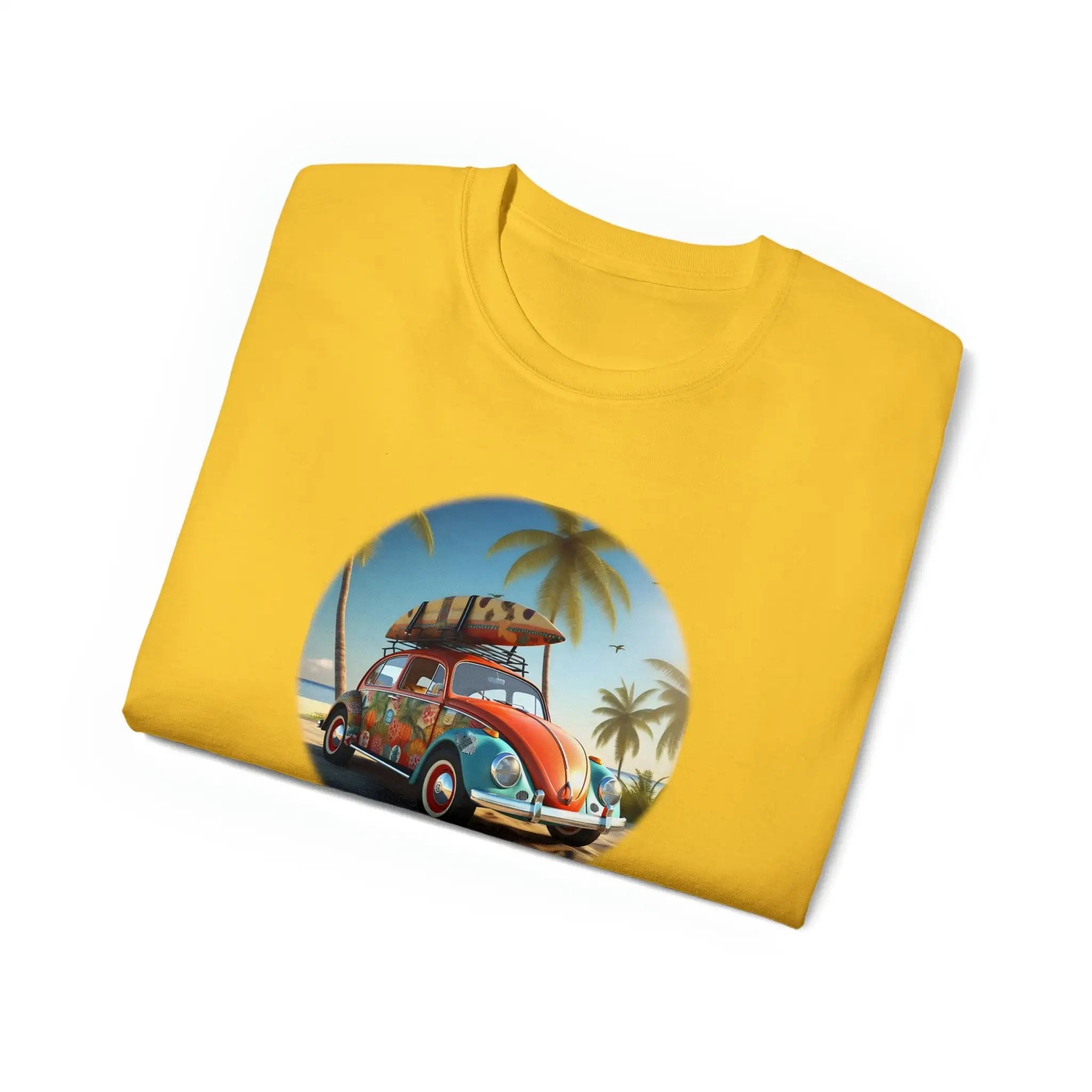 a yellow t - shirt with a picture of a car