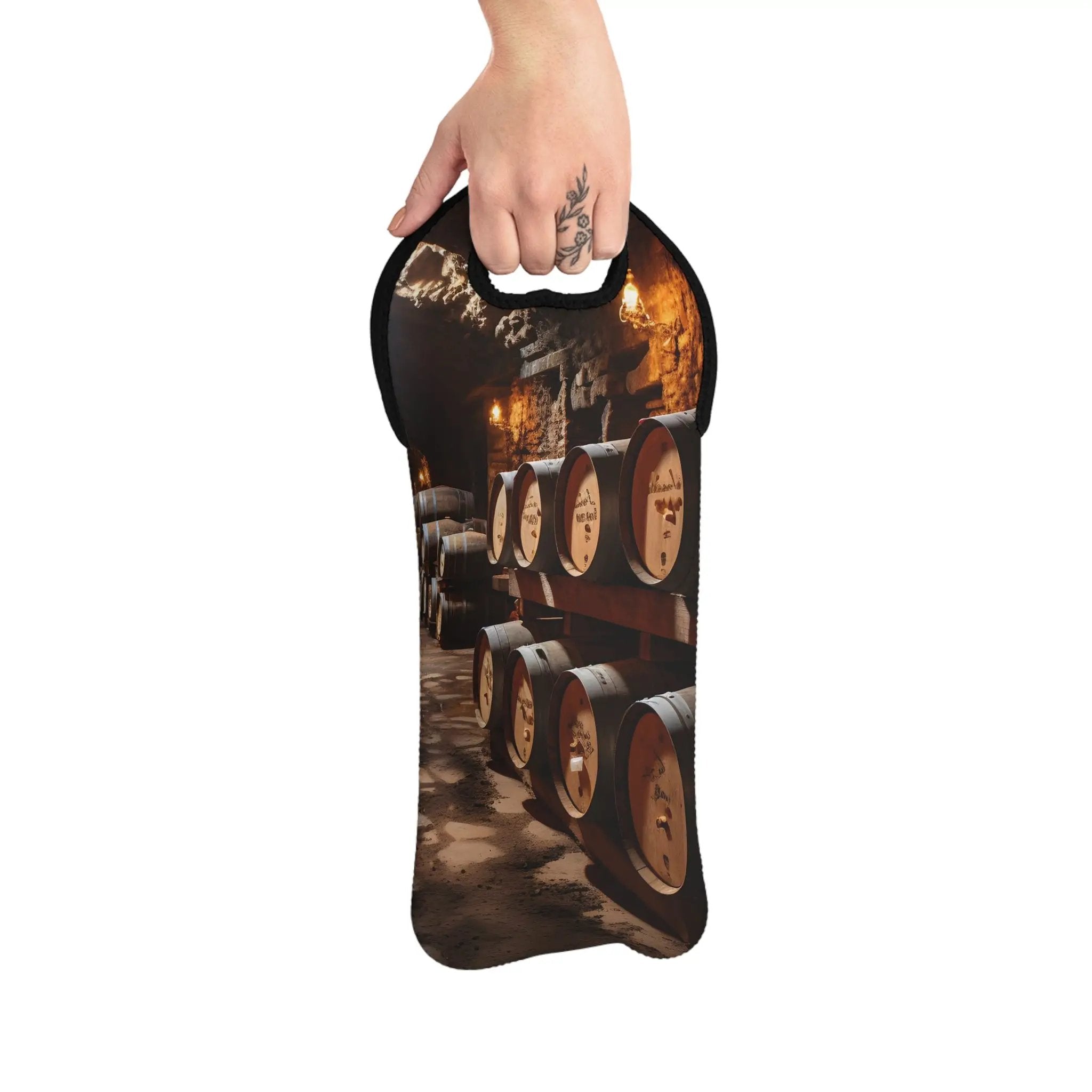 Wine Bags | a hand holding a bag with a picture of barrels