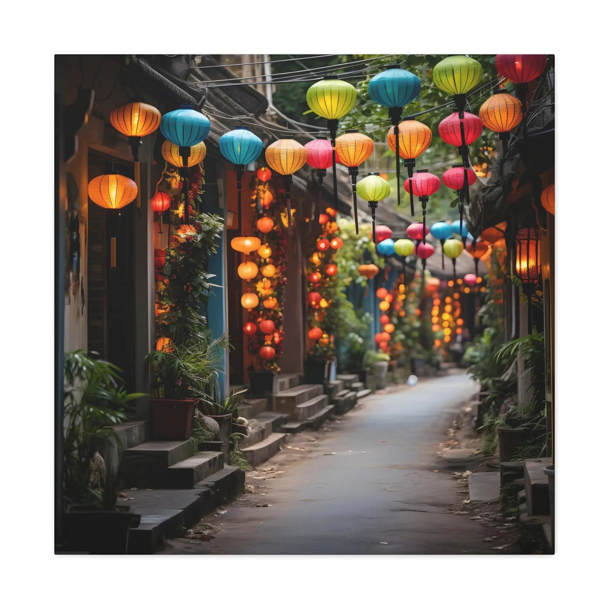 Canvas Gallery Wraps | a narrow street with lanterns hanging from the ceiling