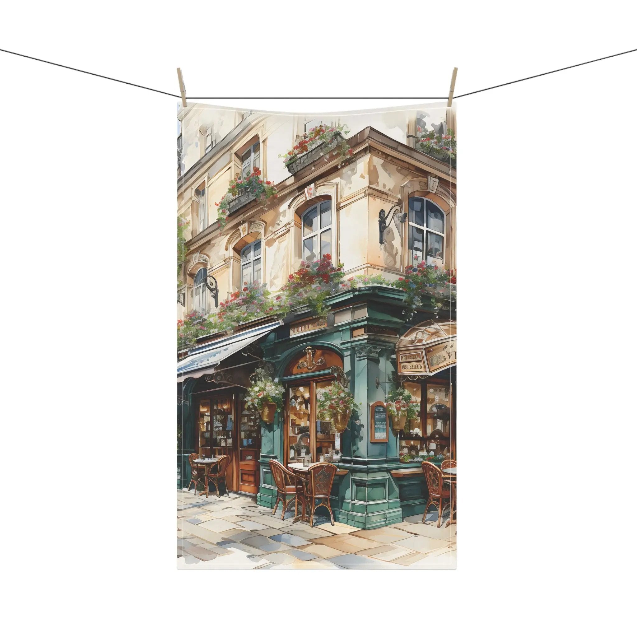 Kitchen Towel | a painting of a restaurant on a city street