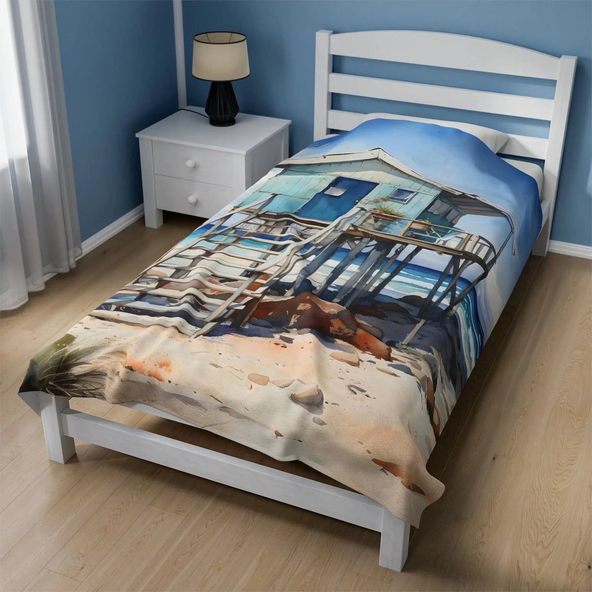 bedroom Blanket | a bed with a picture of a house on it