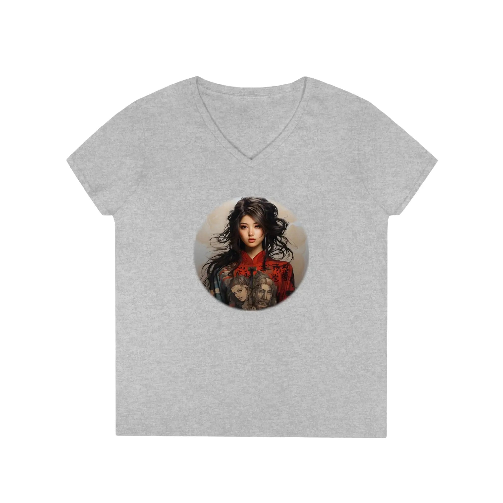 Kimono Beauty | a women's v - neck shirt with a picture of a woman holding a