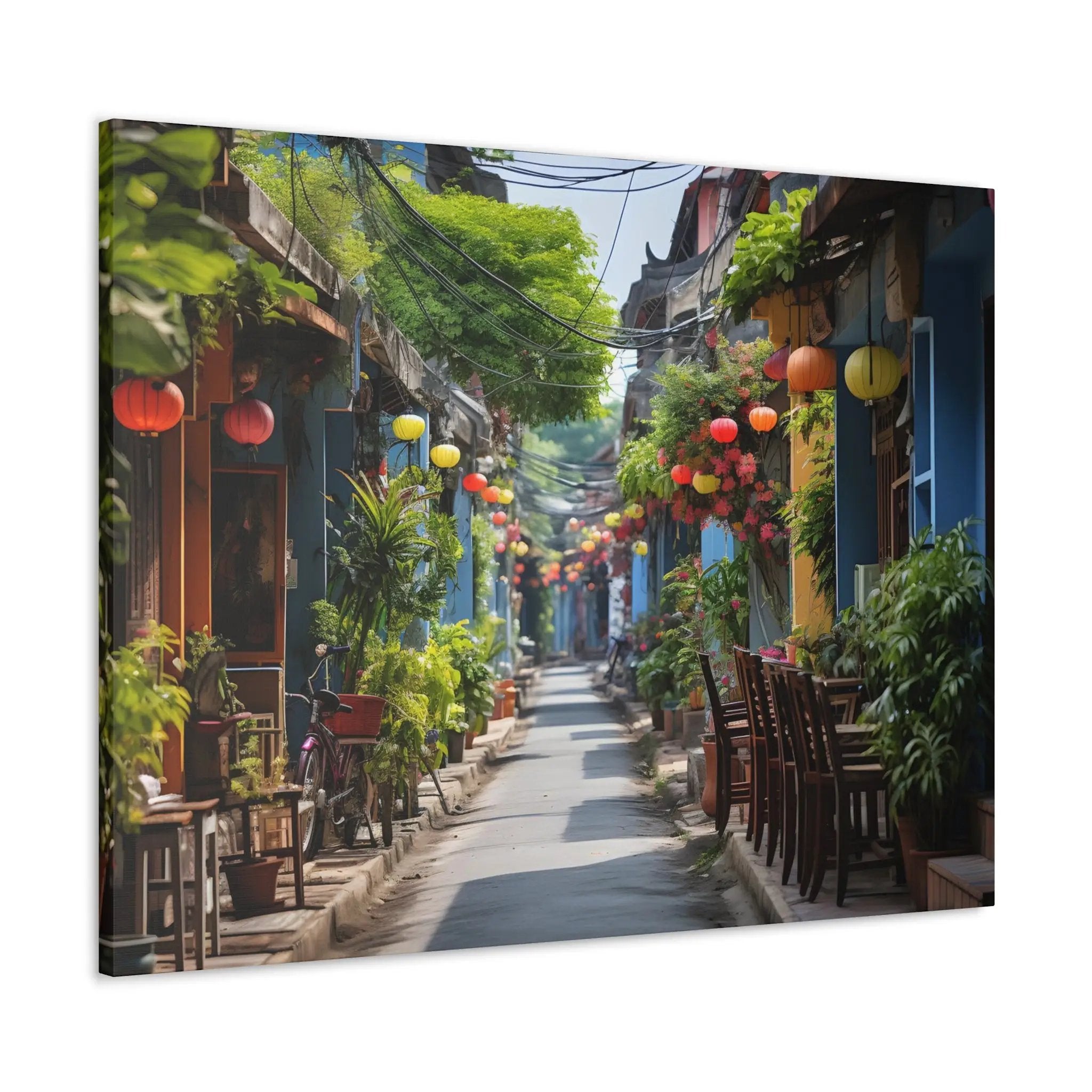 Canvas Gallery Wraps | a narrow street lined with tables and chairs