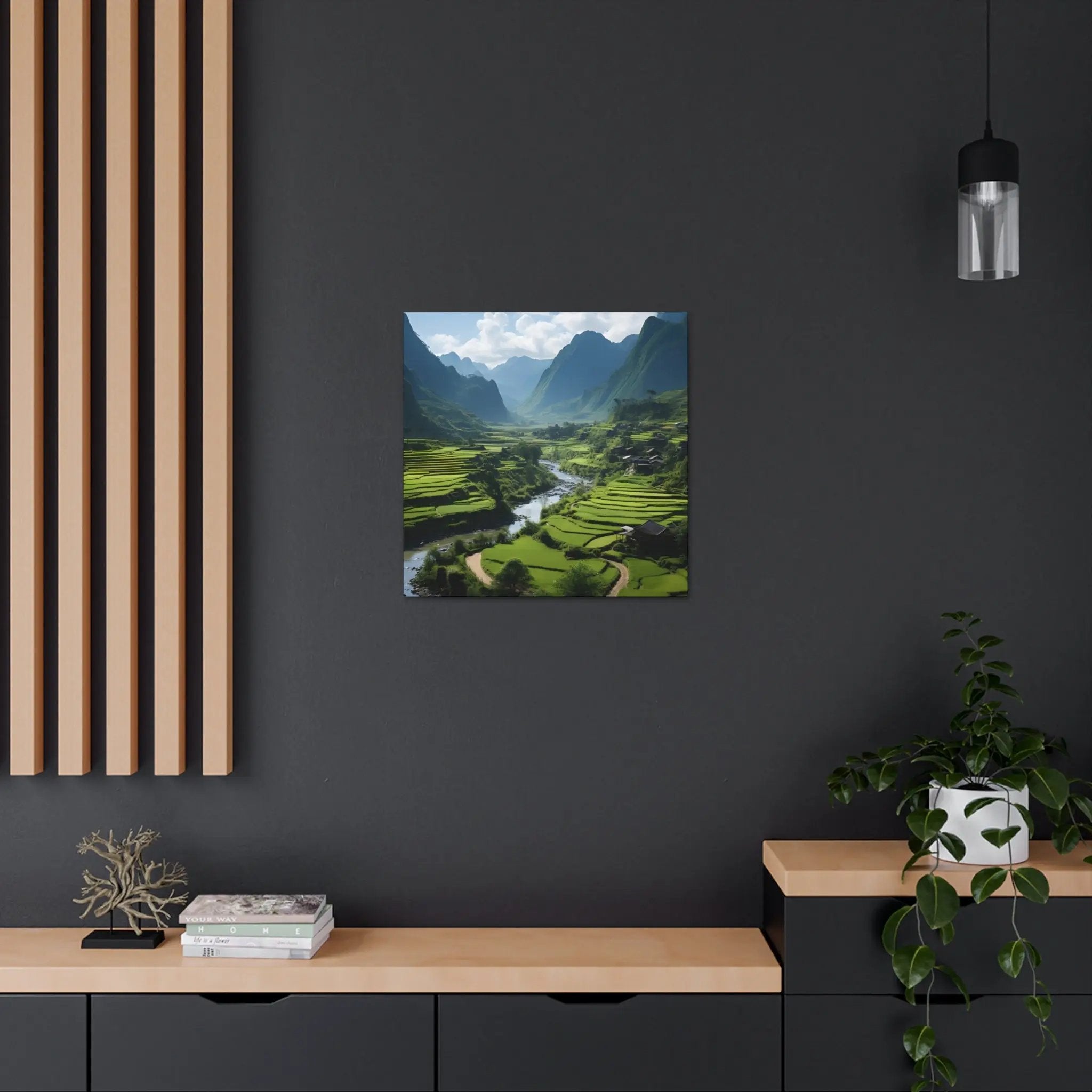 Canvas Gallery Wraps | a painting of a valley with mountains in the background