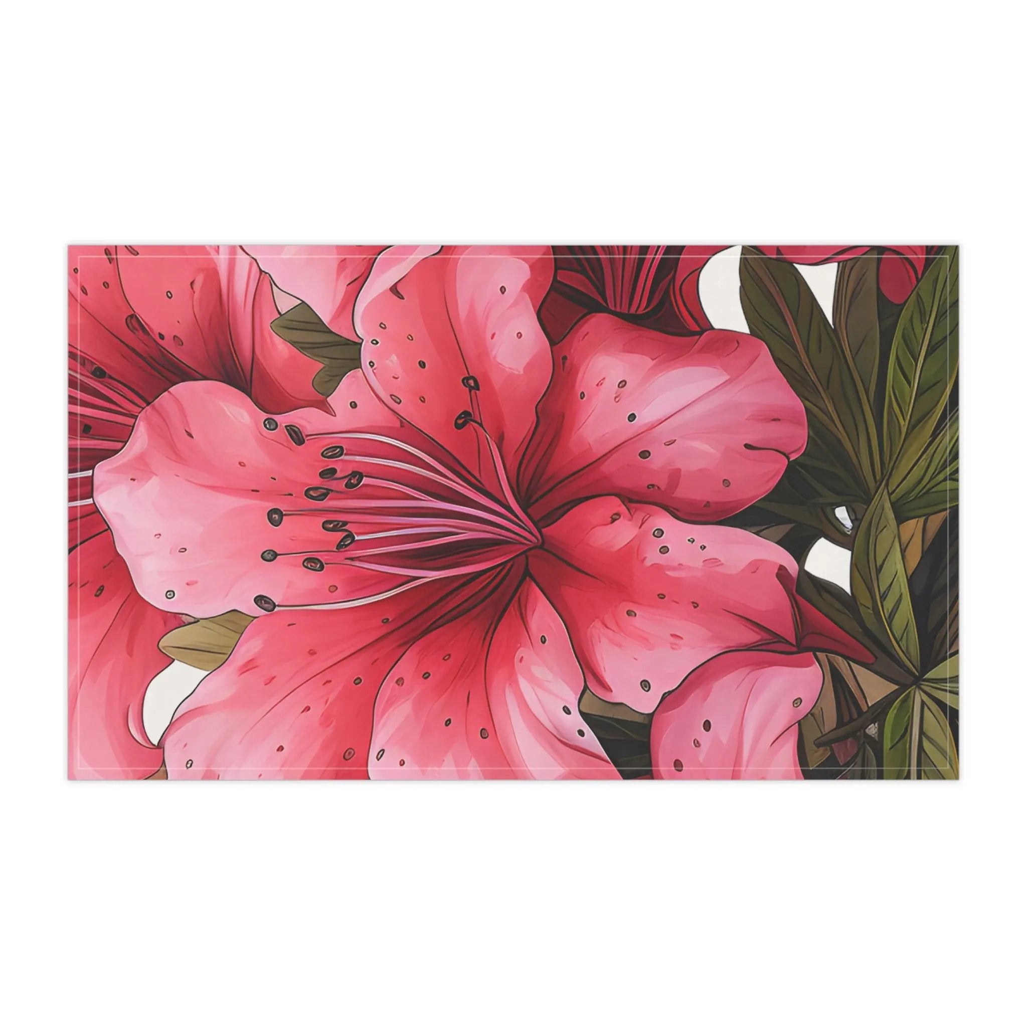 Kitchen Towel | a pink flower with green leaves on a white background