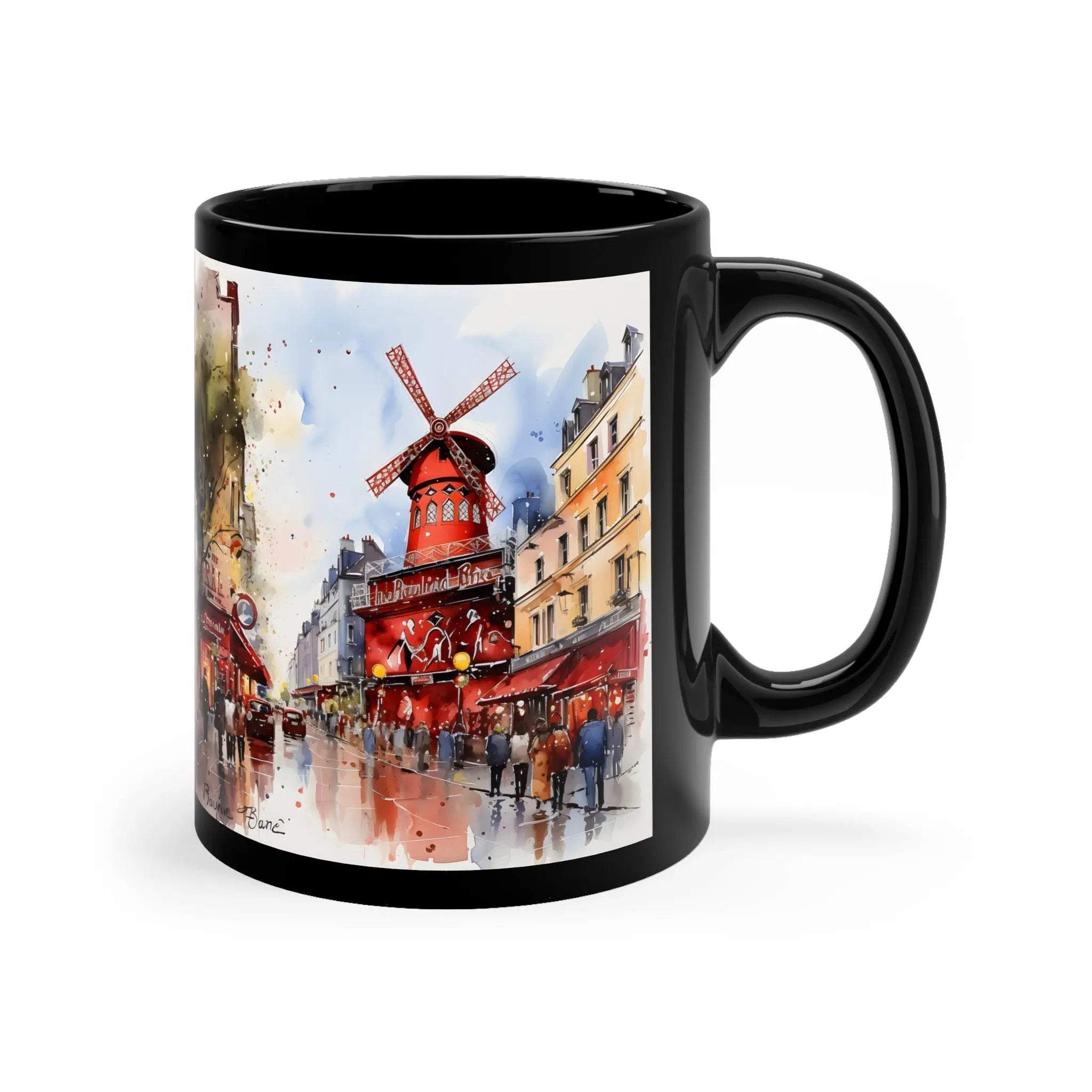 Mugs coffee | a black coffee mug with a painting of a windmill