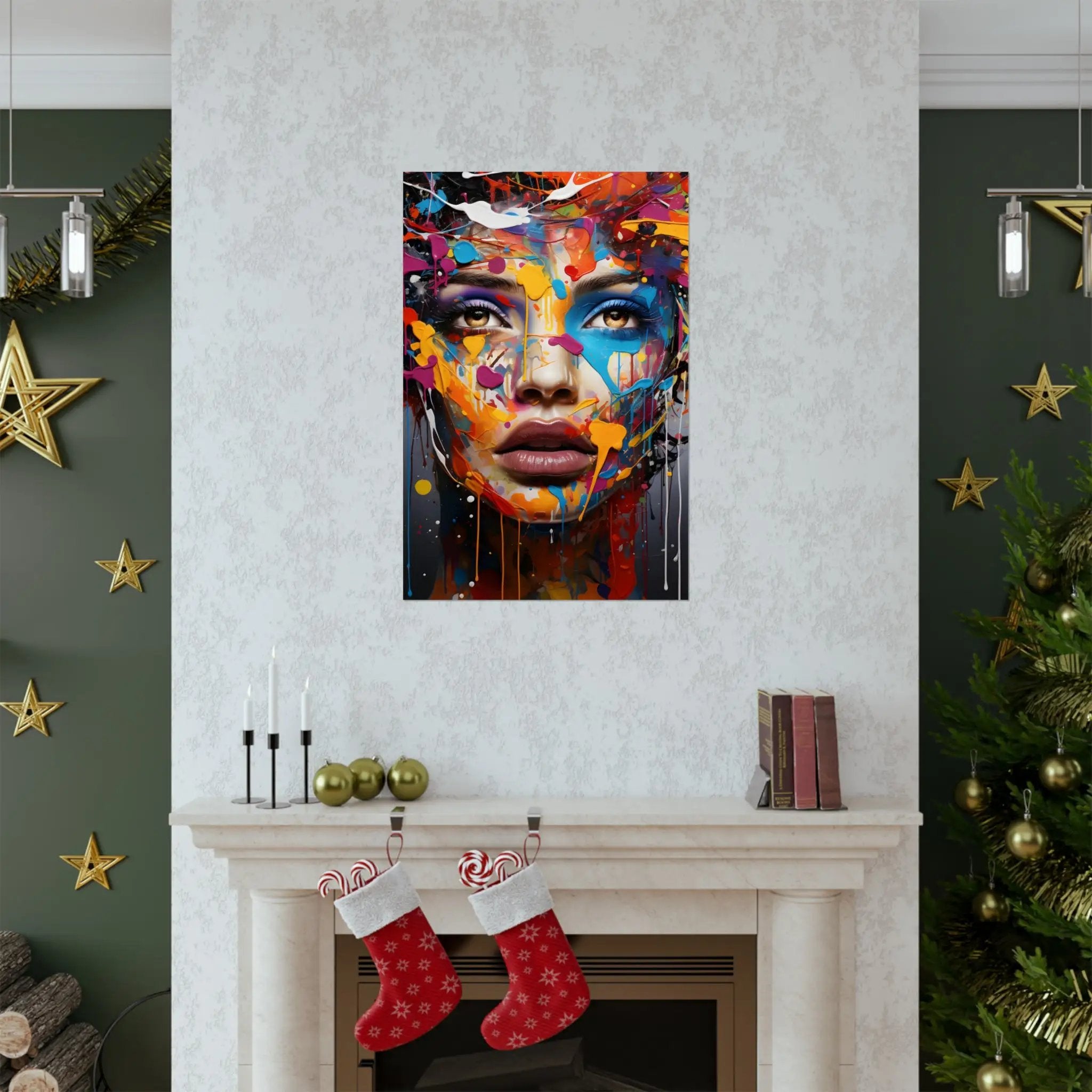 Kawaii Posters | a painting of a woman's face on a wall above a fireplace