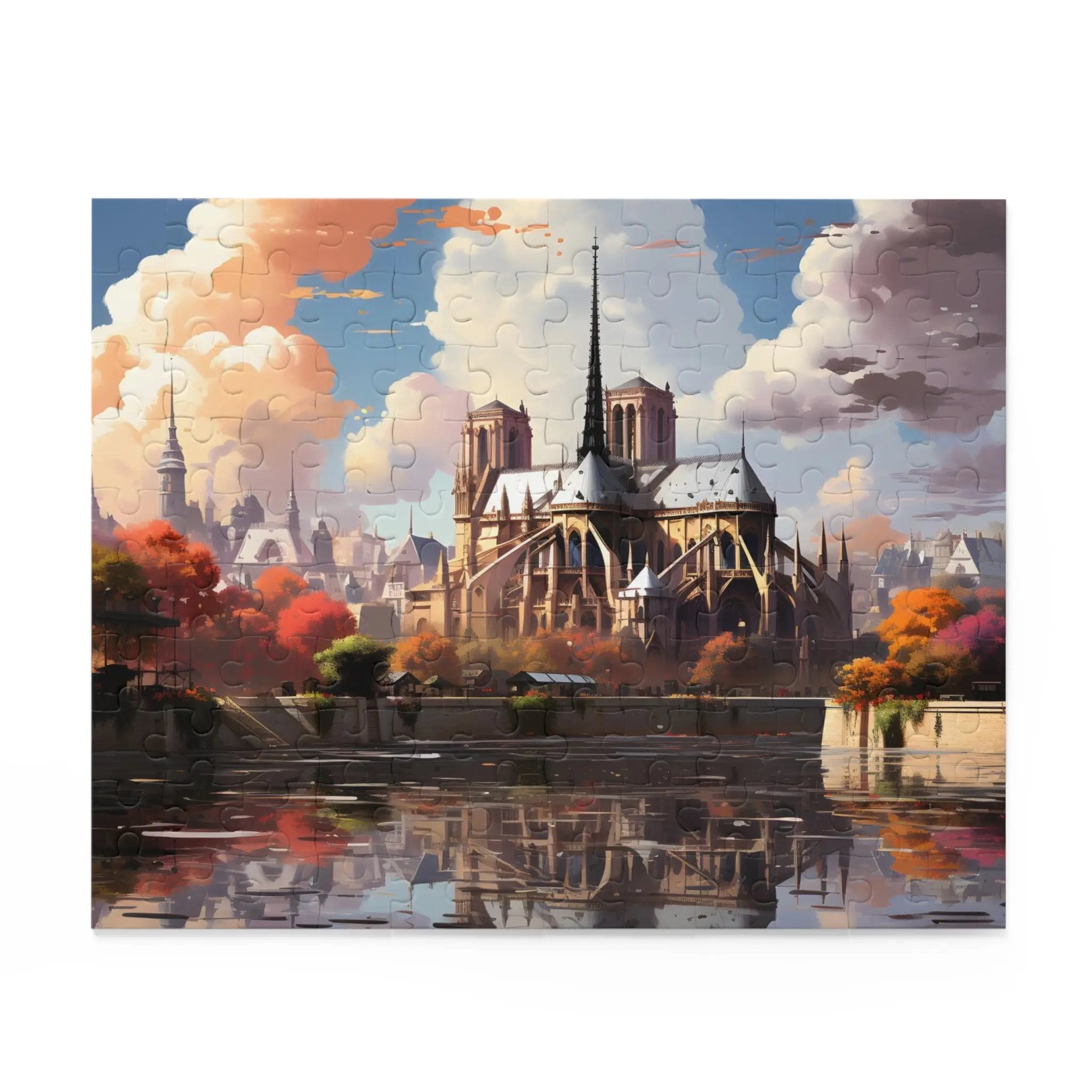 Jigsaw Puzzle | a painting of a cathedral with a lake in front of it