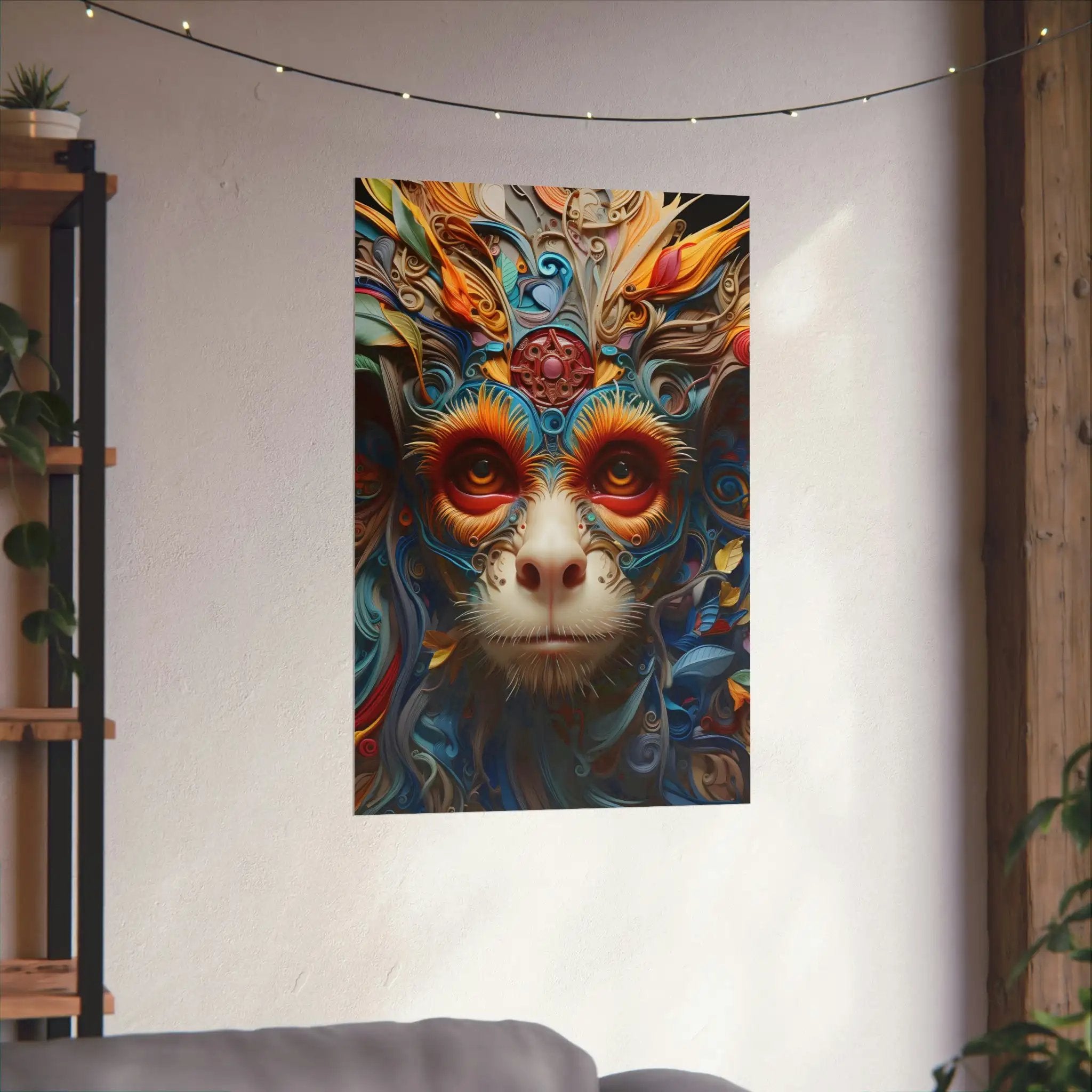 Kawaii Posters | a painting of a monkey with red eyes on a white wall