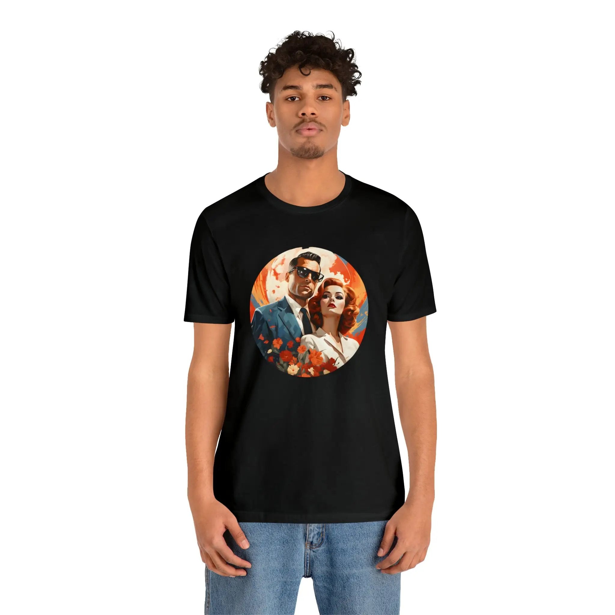 Couple t shirt | a man wearing a black t - shirt with a picture of a man and woman