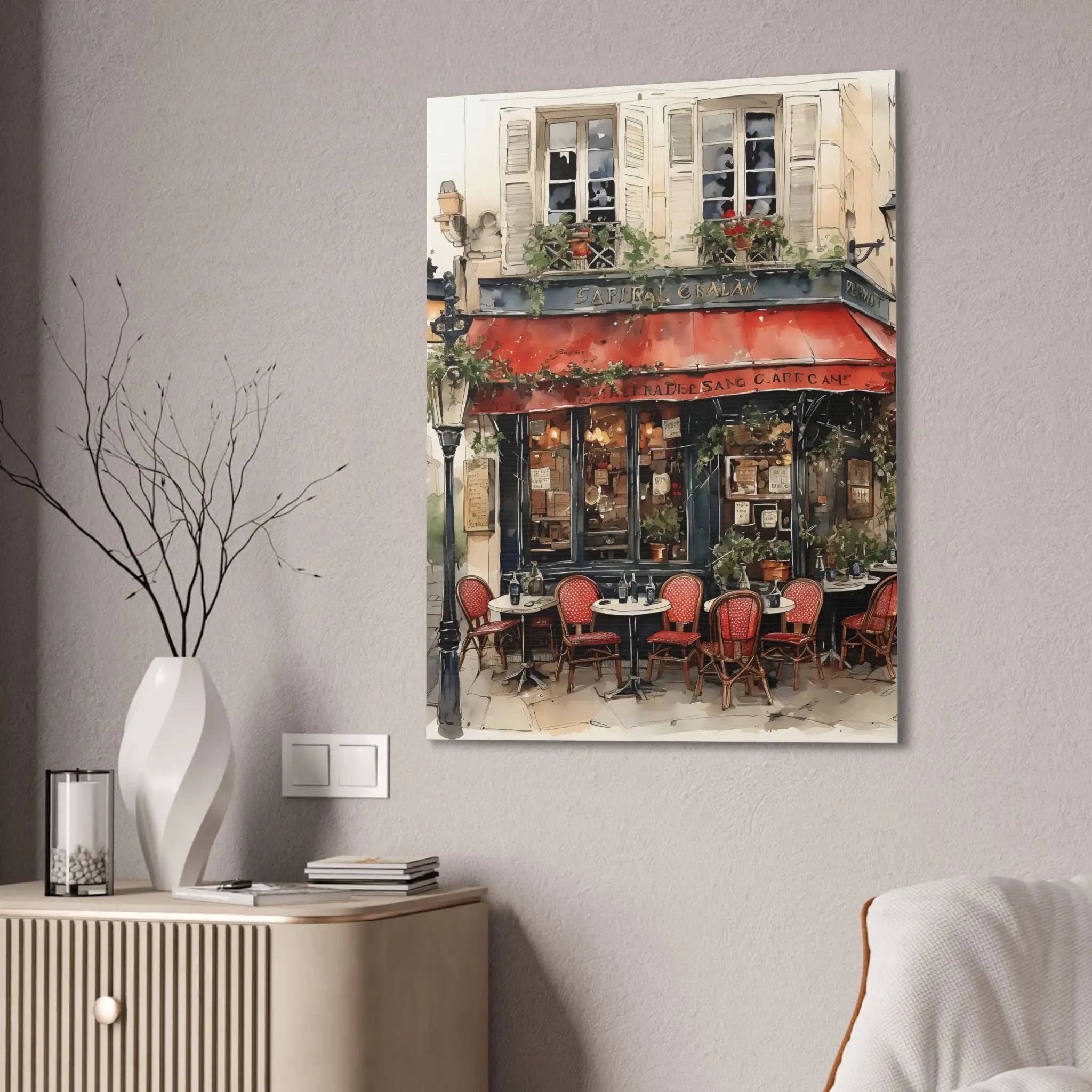 Canvas Gallery Wraps | a painting of a restaurant with a red awning