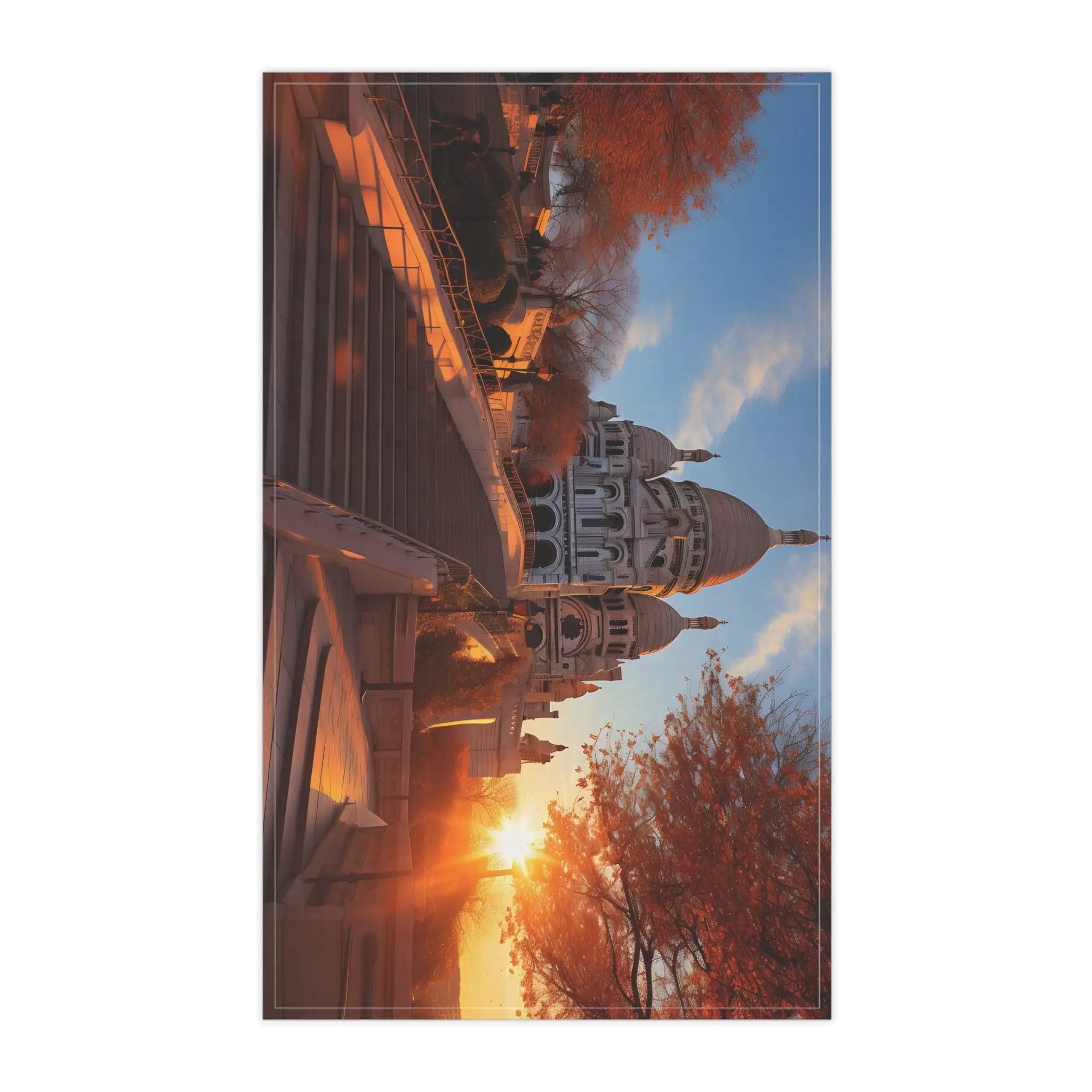 Kitchen Towel | a picture of a building with a sunset in the background