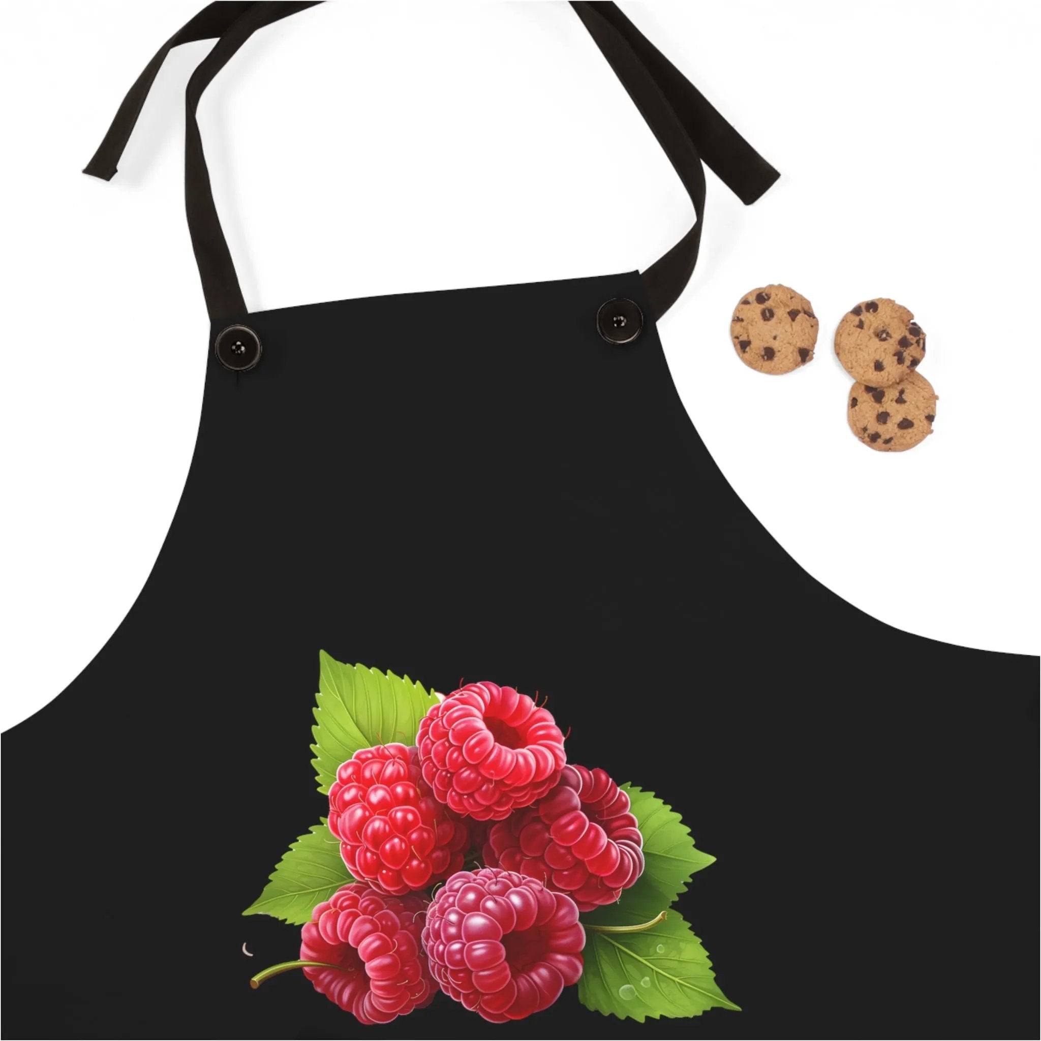 Chef Apron | a black apron with raspberries and cookies on it