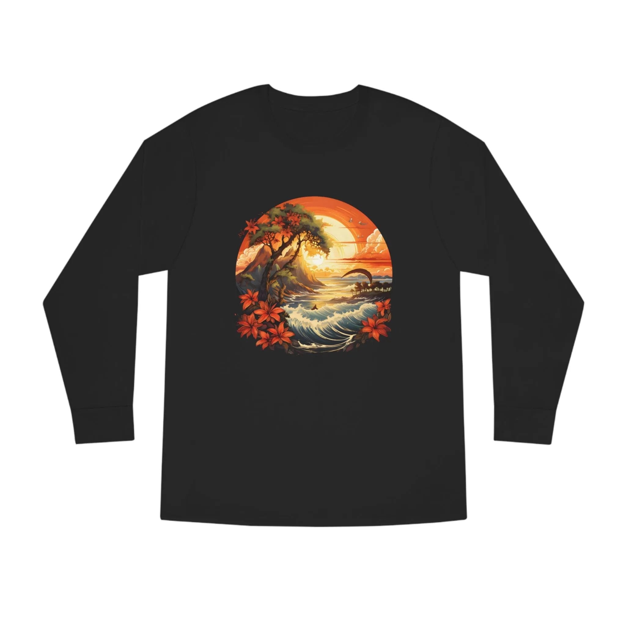 Long Sleeve t shirt | a black long - sleeved shirt with a painting of a sunset and palm trees