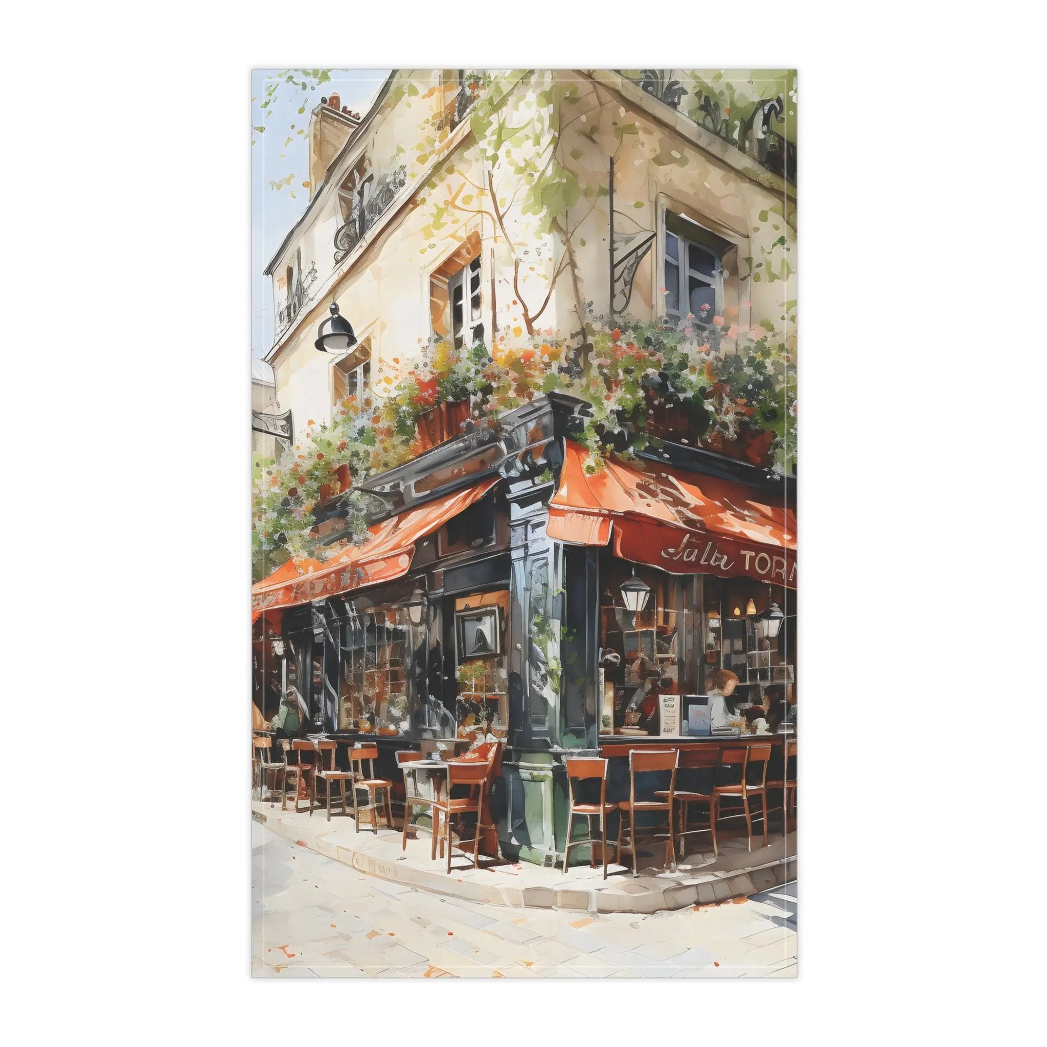 Kitchen Towel | a painting of a restaurant with tables and chairs