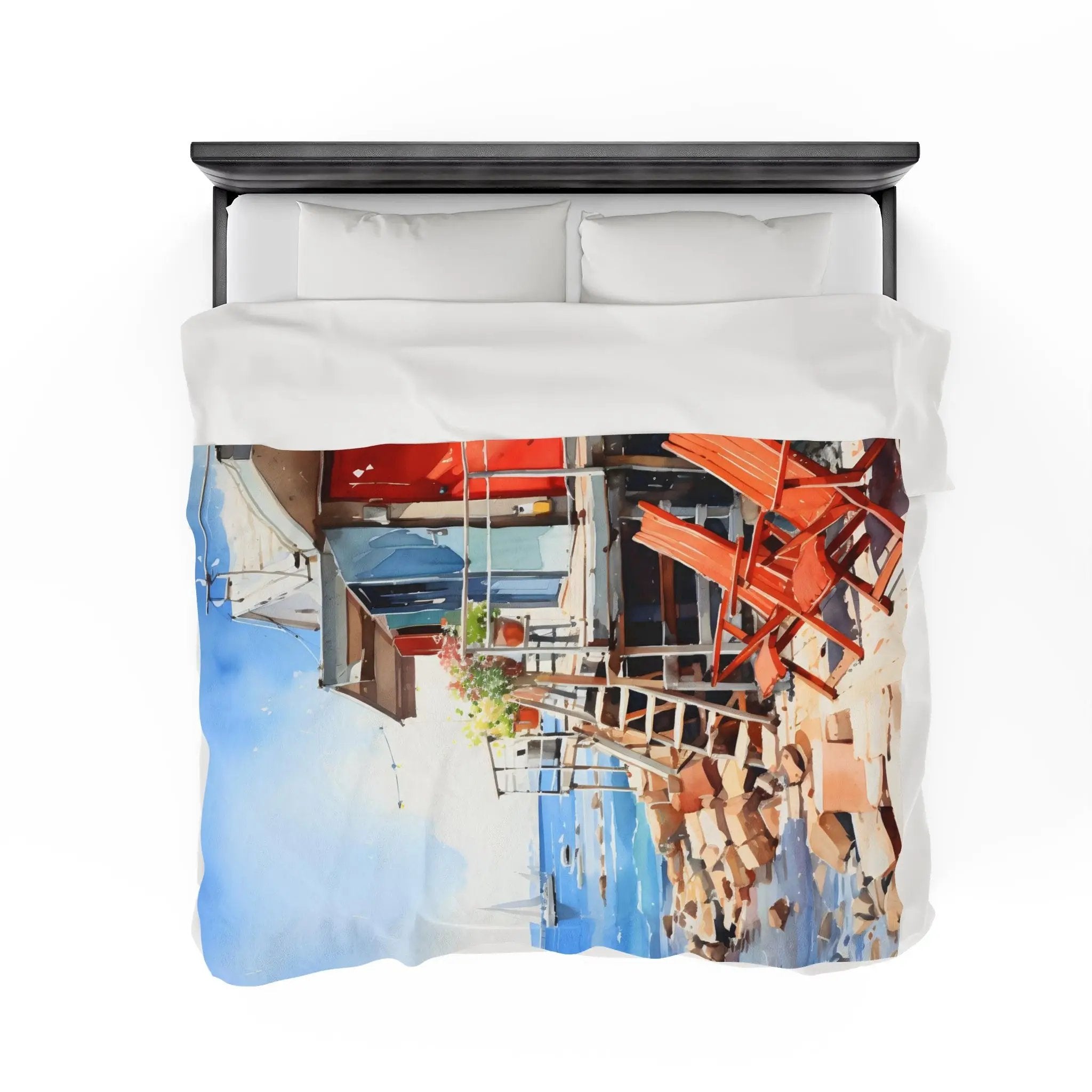 Plush Blanket | a bed with a picture of a building on it