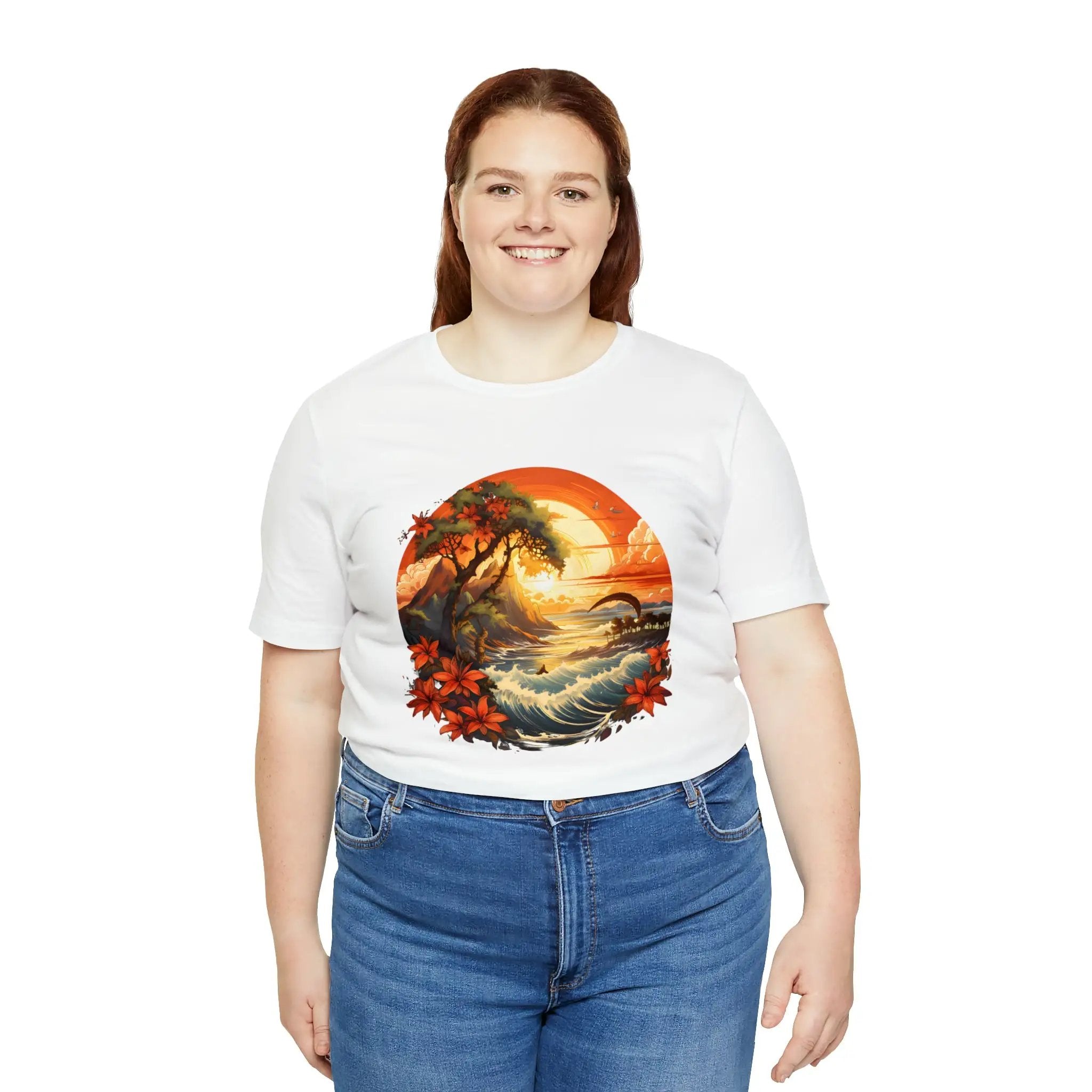 Couple t shirt | a woman wearing a white t - shirt with a painting of a sunset