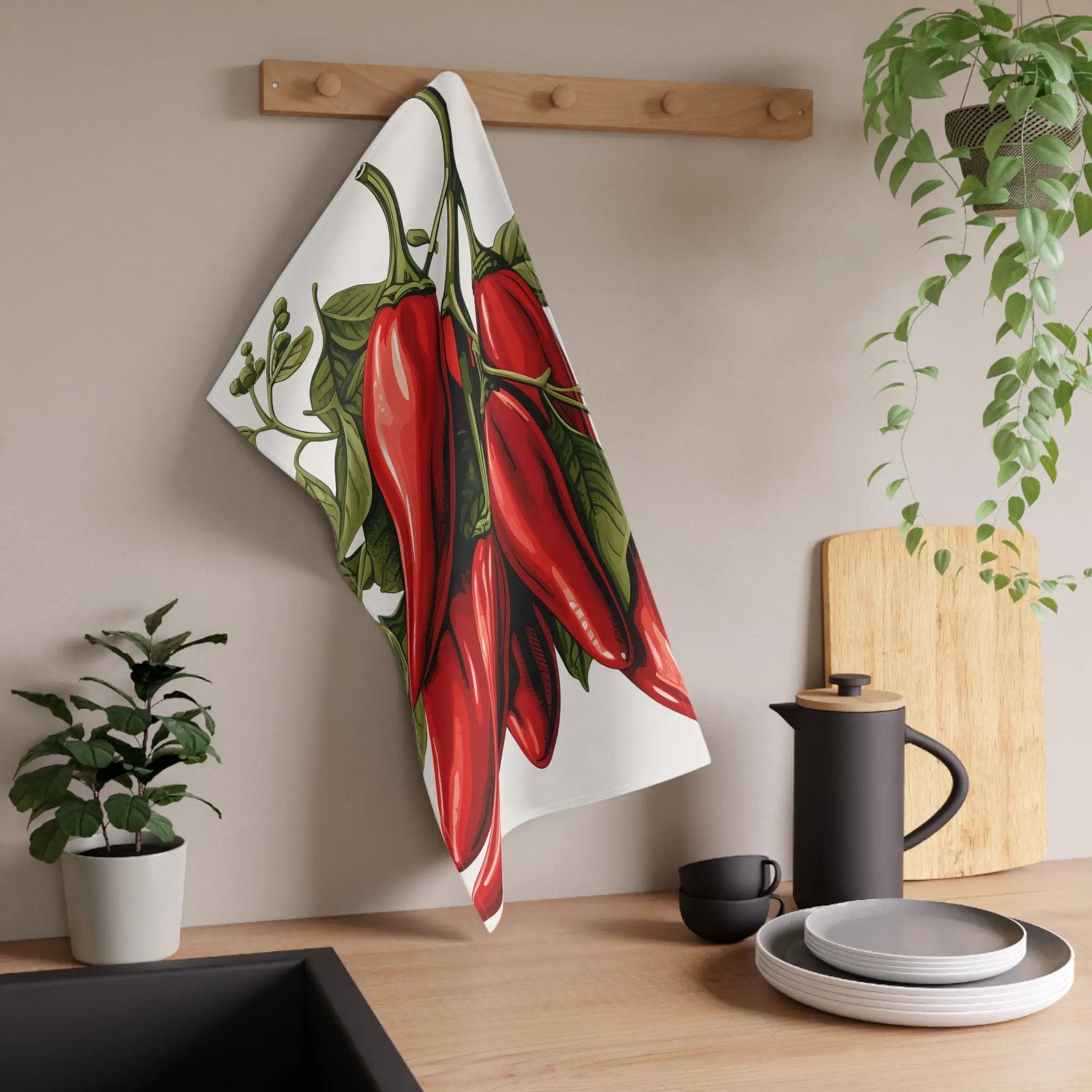 Kitchen Towel | a kitchen with a potted plant and a towel hanging on the wall