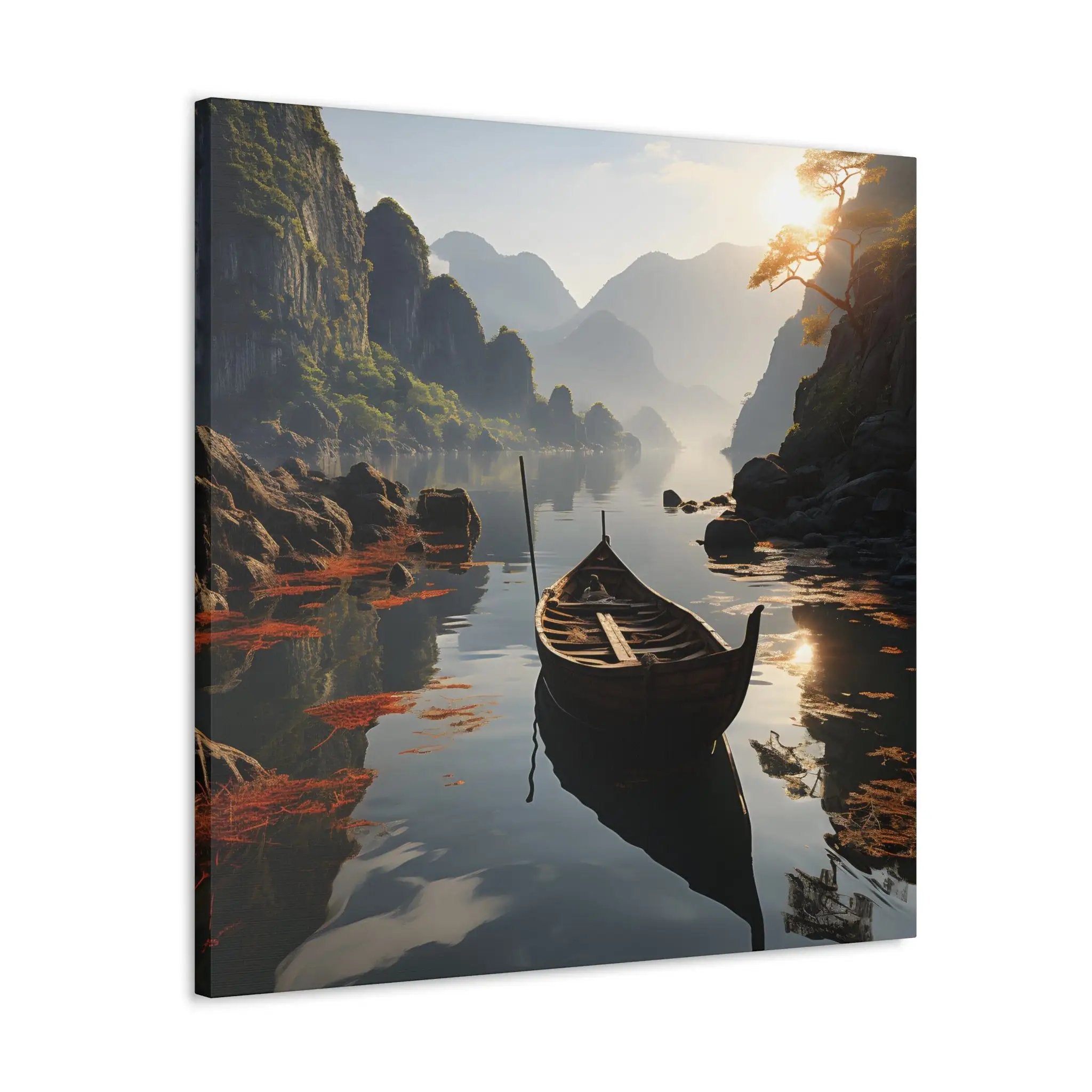 Canvas Gallery Wraps | a painting of a boat on a river with mountains in the background