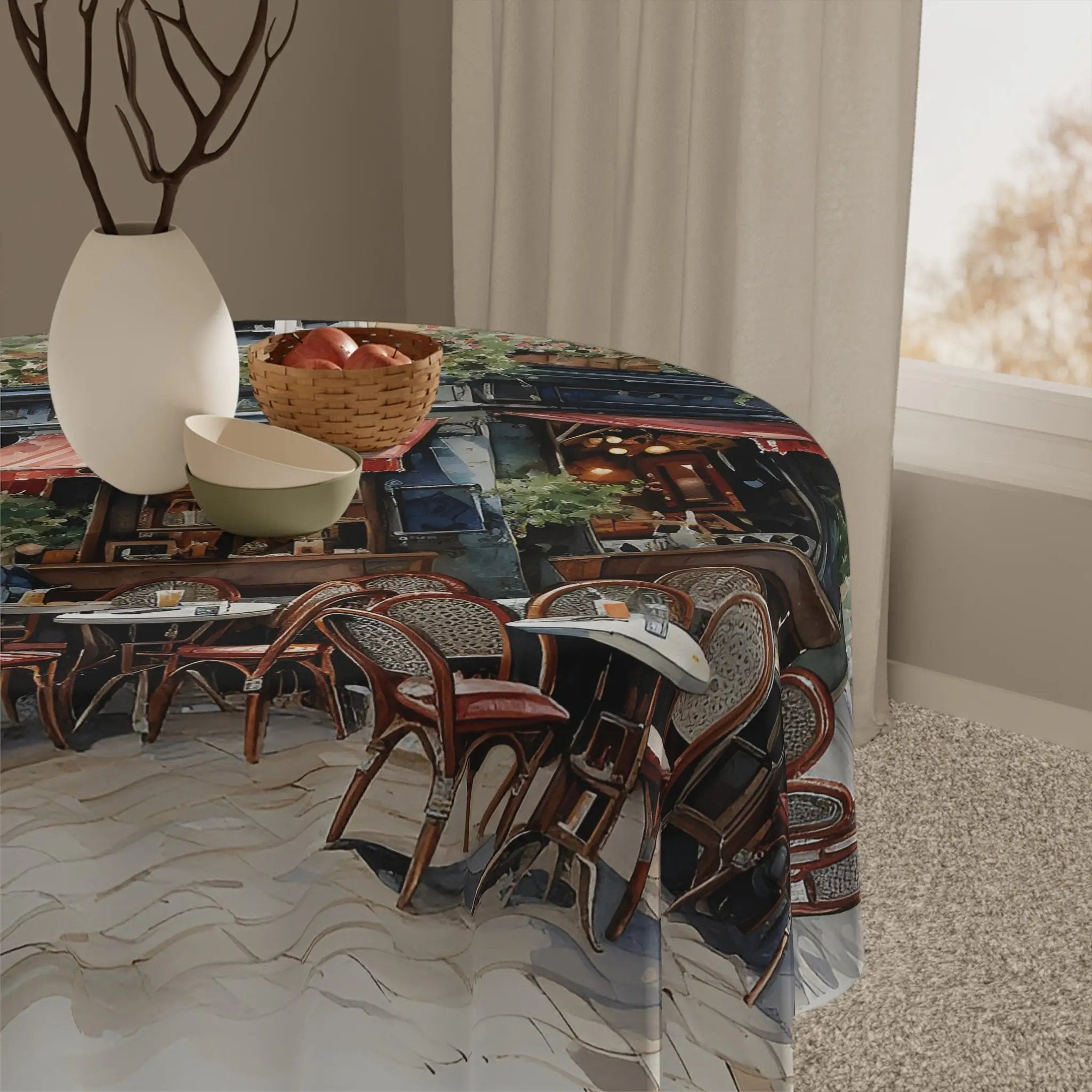 Square tablecloth | a table with a table cloth with a picture of a building and a bowl of