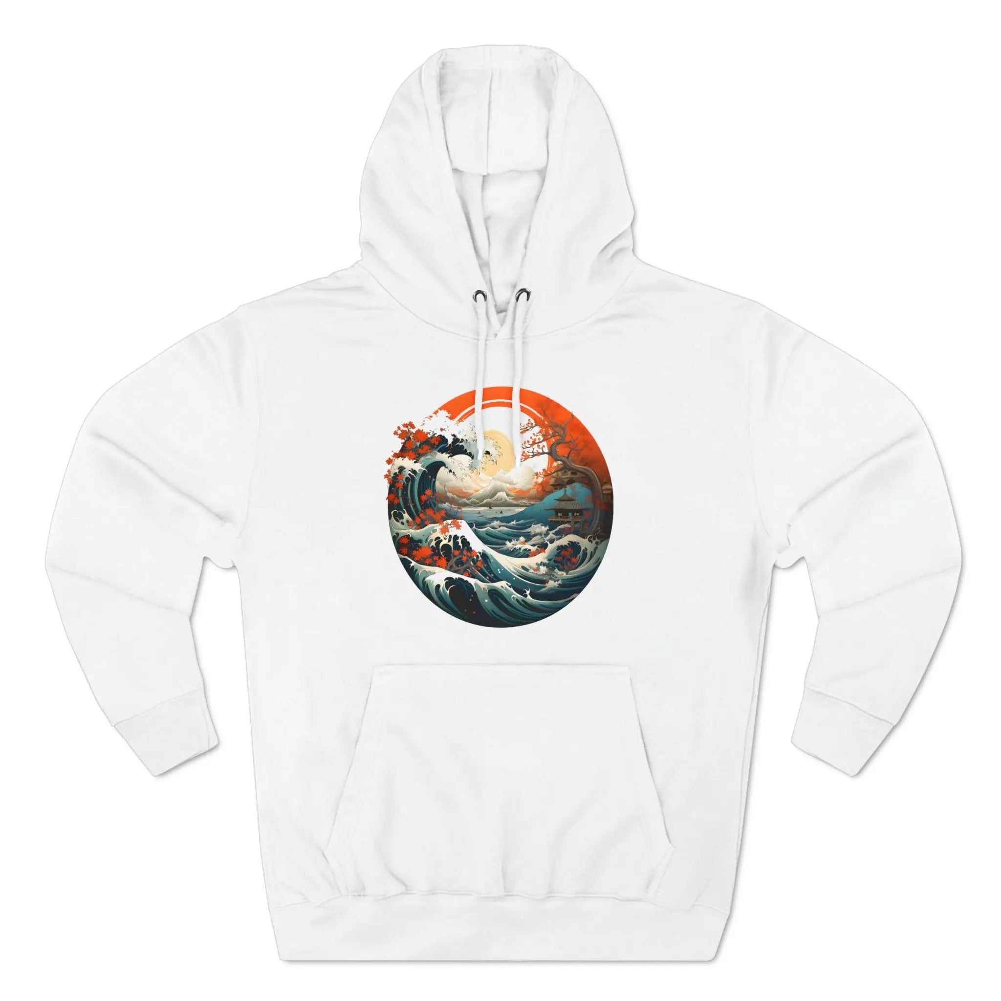 pullover hoodie | a white hoodie with a painting of a boat in the ocean