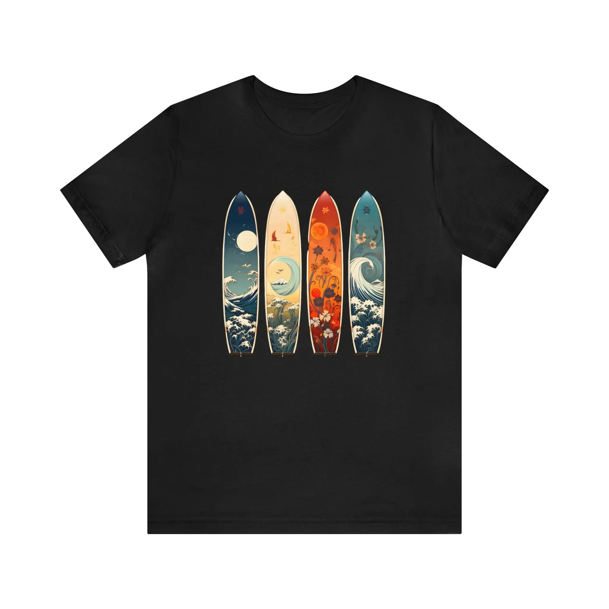 Couple t shirt | a black shirt with three surfboards on it