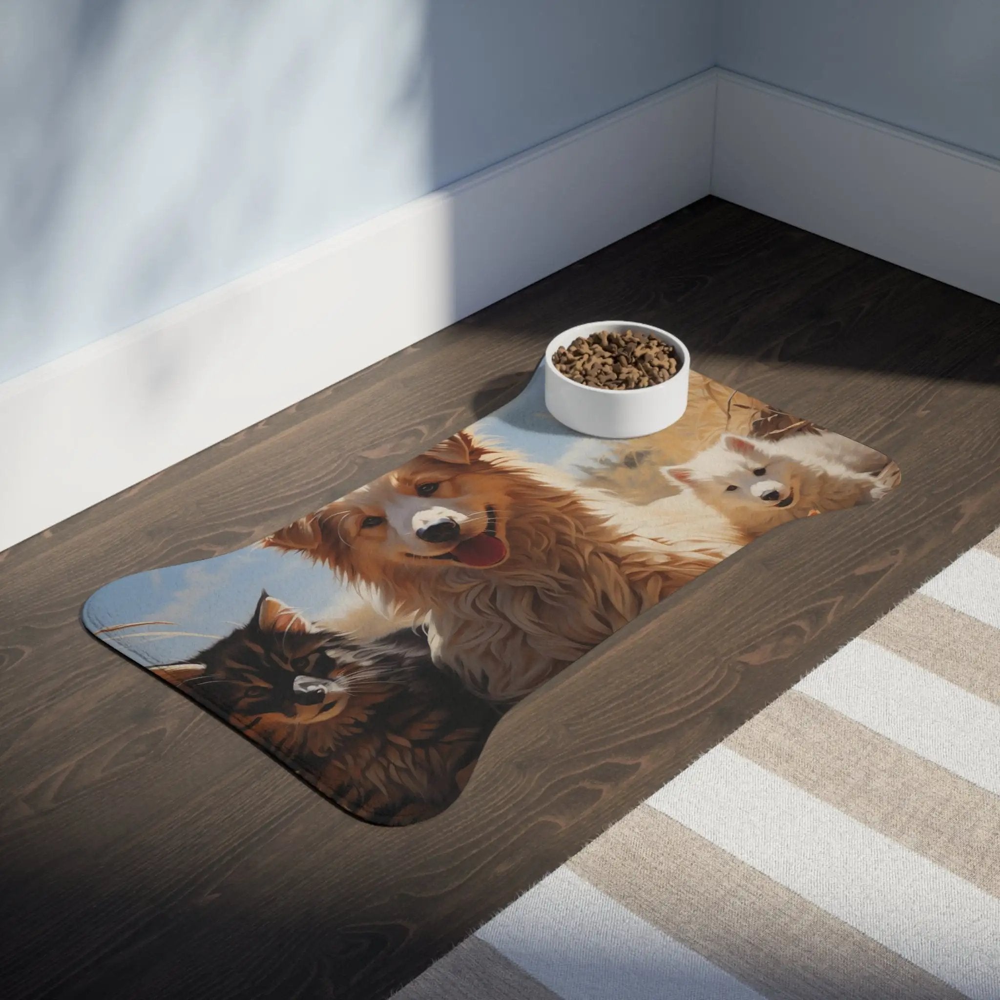 Pet Feeding Mats | a dog and three kittens on a wooden floor next to a bowl of food