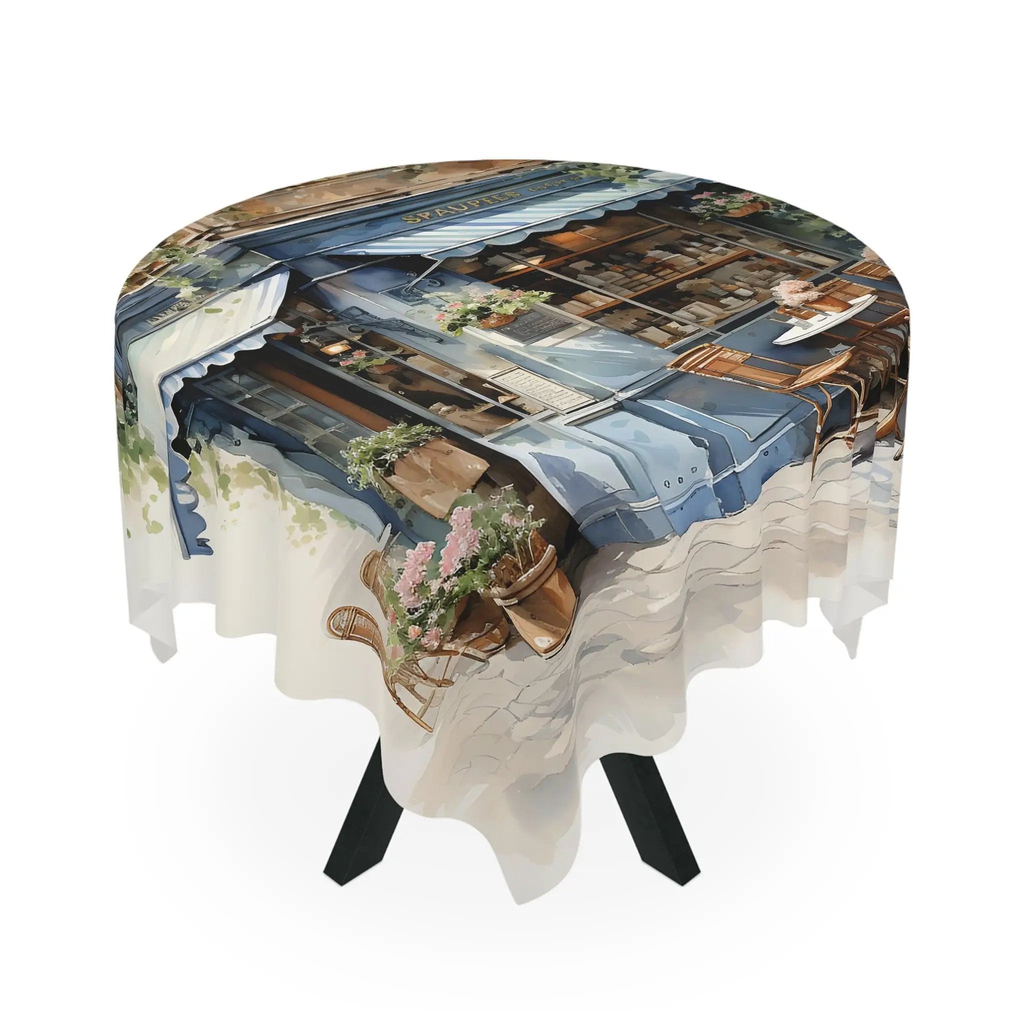 Square tablecloth | a table with a picture of a building on it